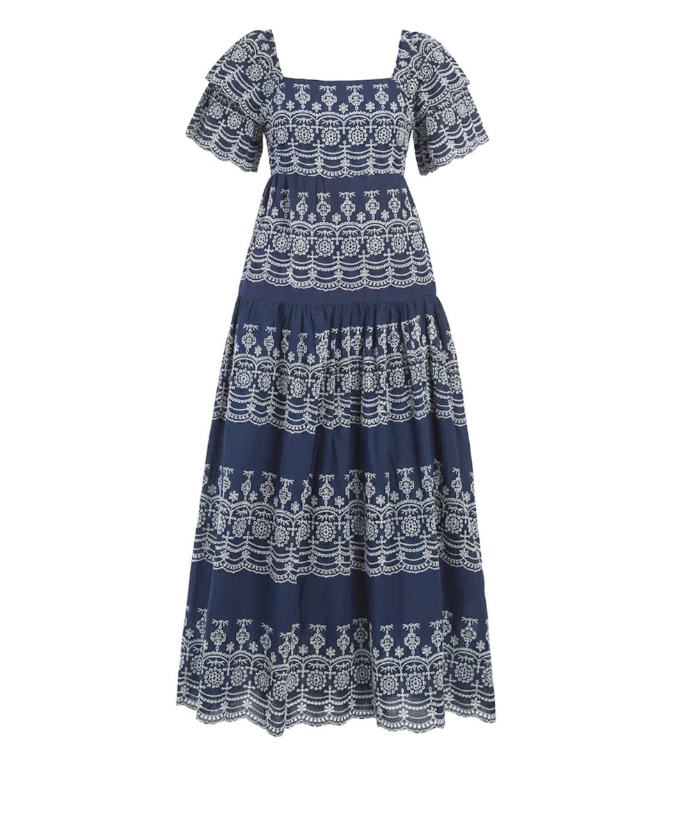 Vestido Comprido com Decote Quadrado e Manga Curta Azul-marinho-6