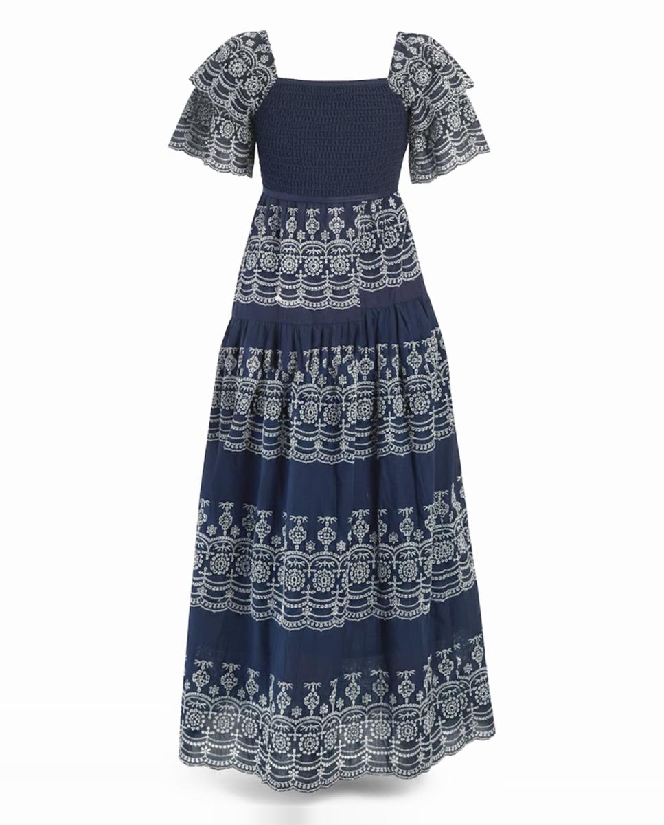 Vestido Comprido com Decote Quadrado e Manga Curta Azul-marinho-7