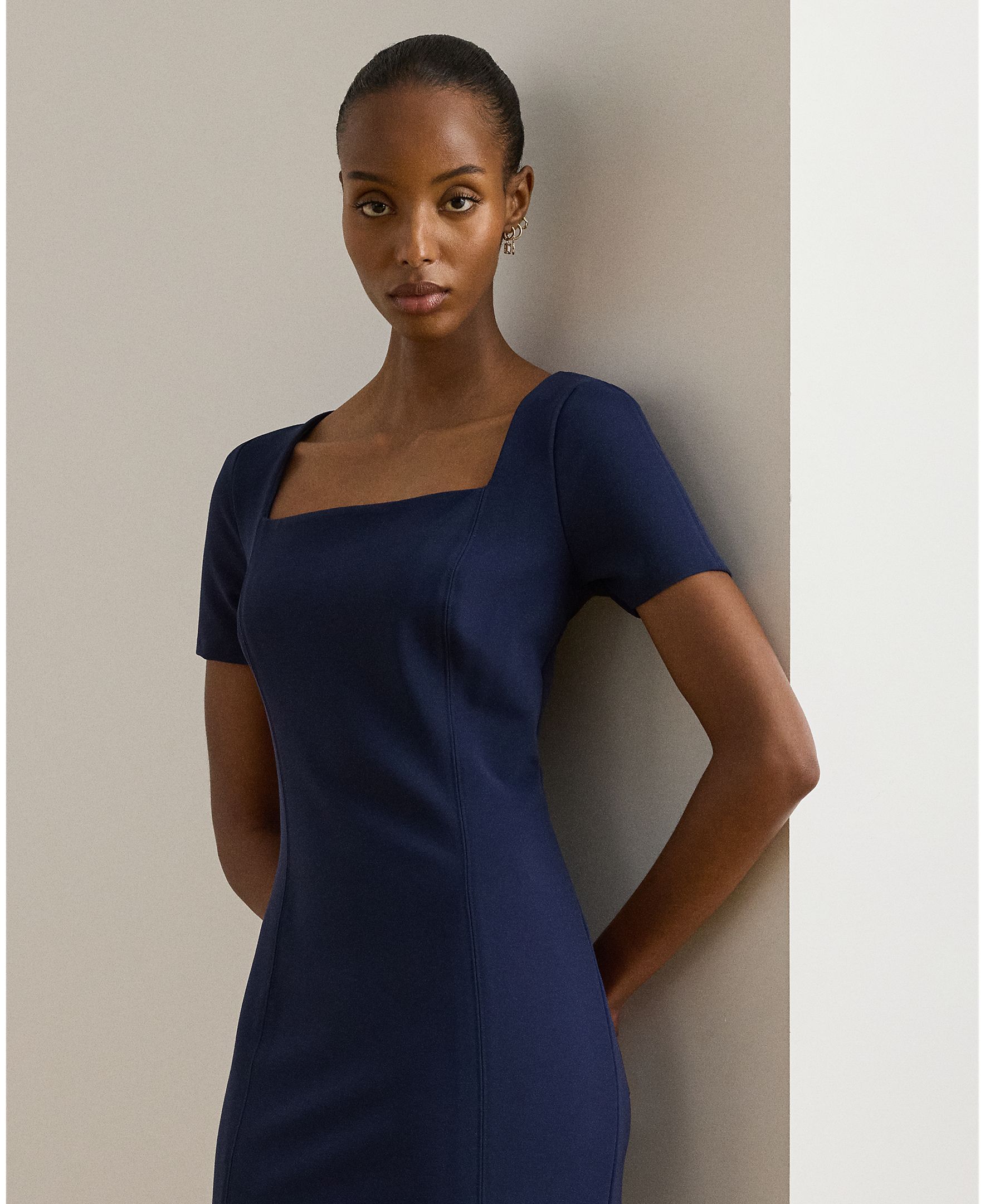 Vestido Midi de Manga Curta com Decote Quadrado Azul-marinho-3