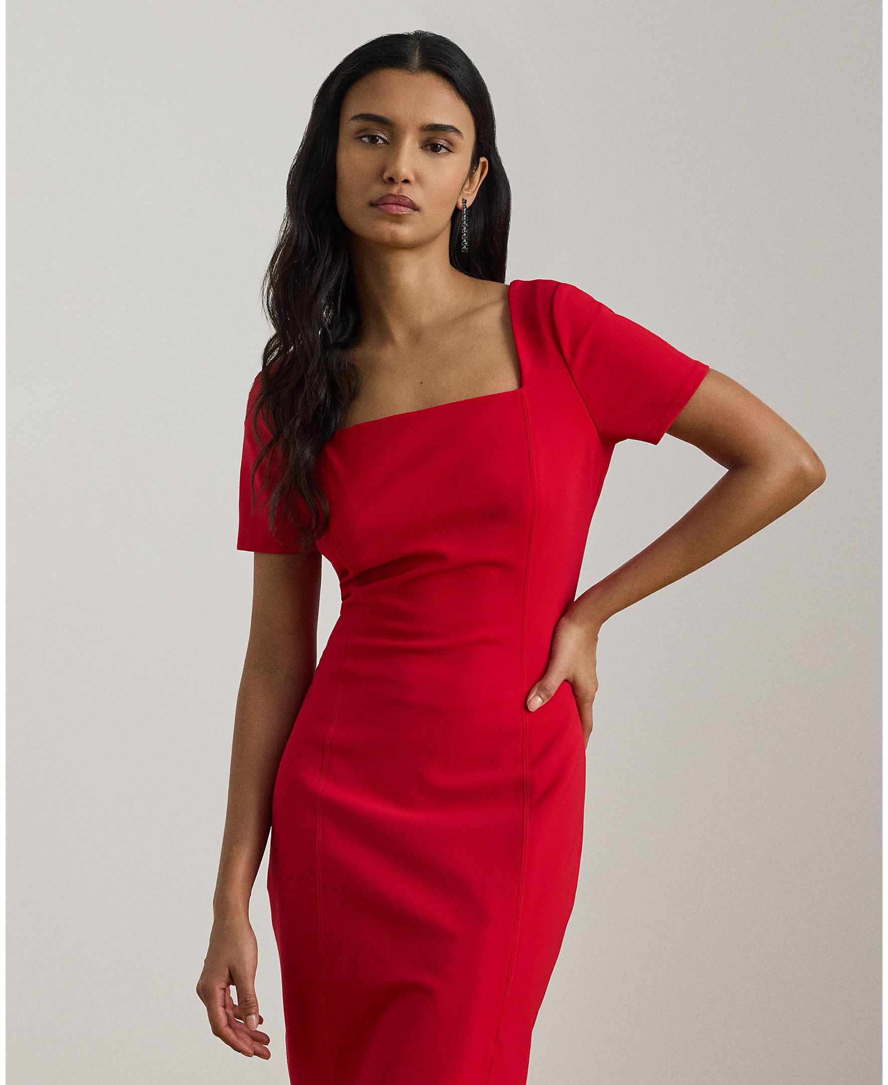 Vestido Midi de Manga Curta com Decote Quadrado Vermelho-3