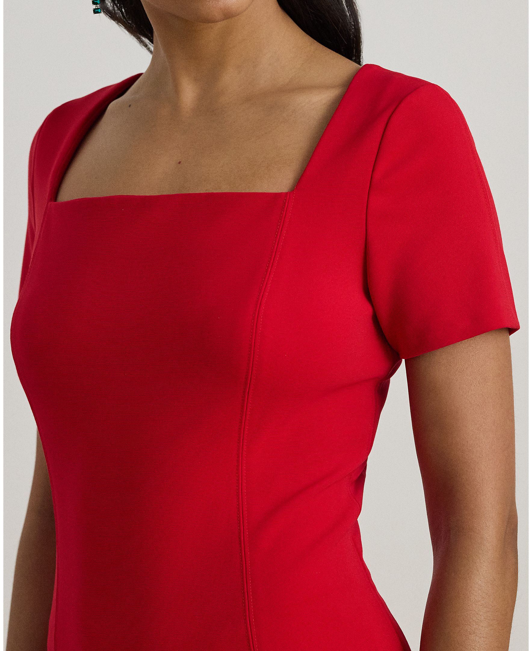 Vestido Midi de Manga Curta com Decote Quadrado Vermelho-4
