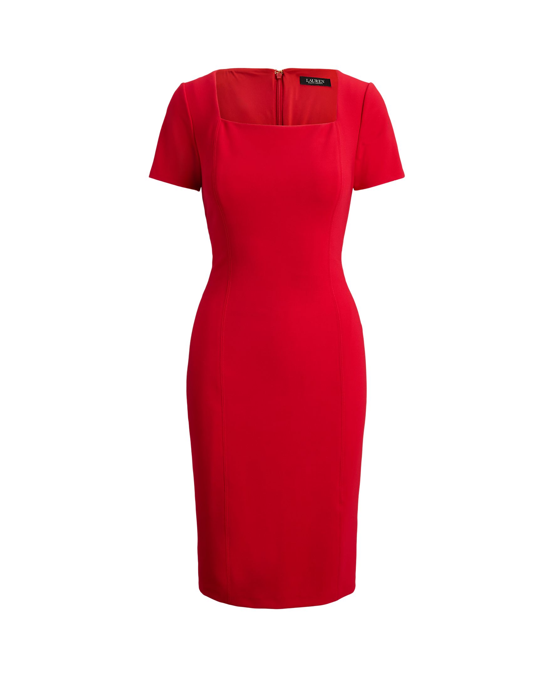 Vestido Midi de Manga Curta com Decote Quadrado Vermelho-5
