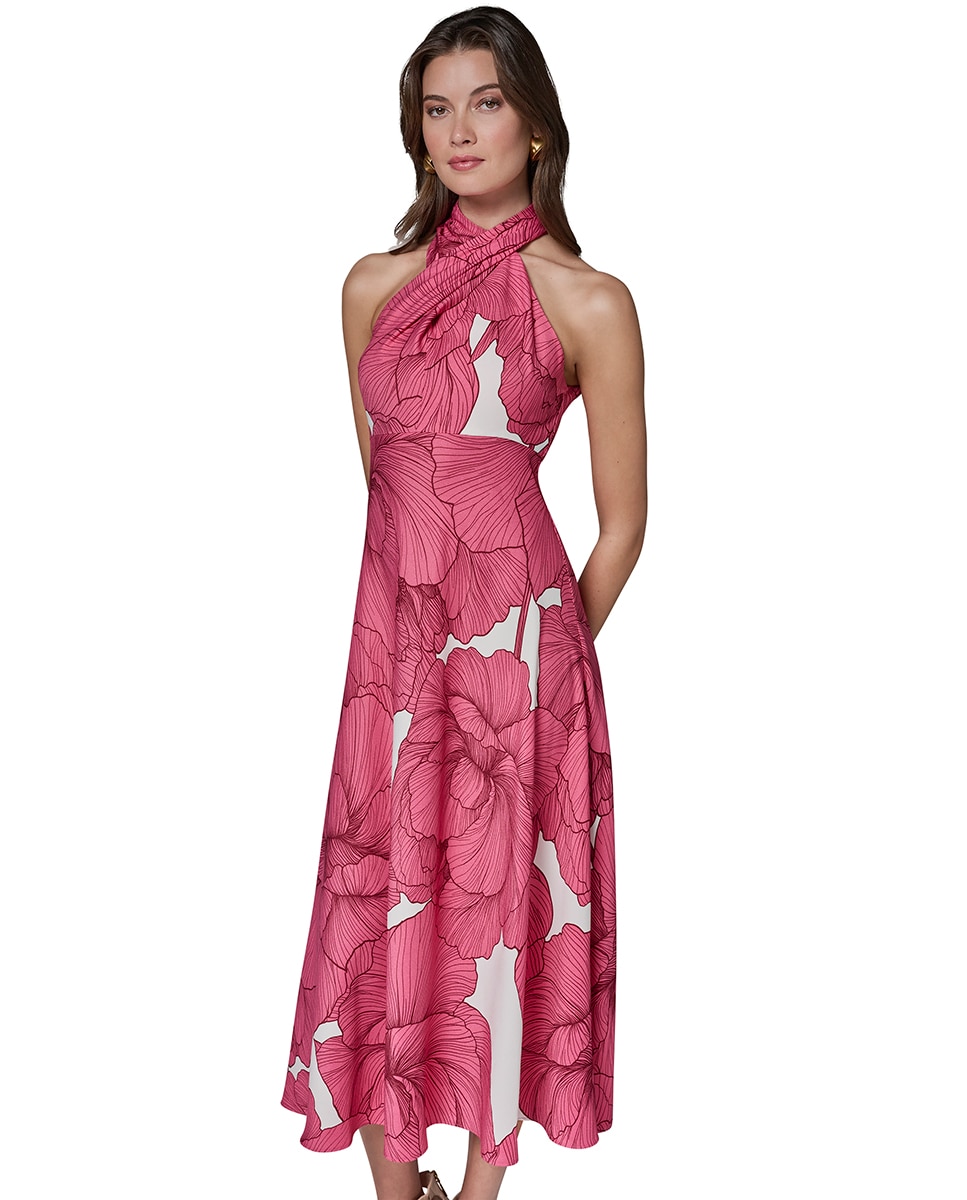 Vestido de Gola Halter com Estampado Floral Fúcsia-3