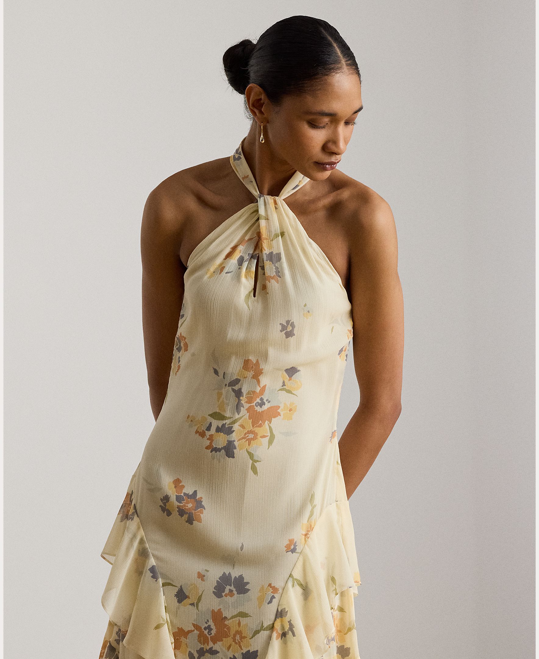 Vestido Midi Estampado com Gola Halter Creme-3
