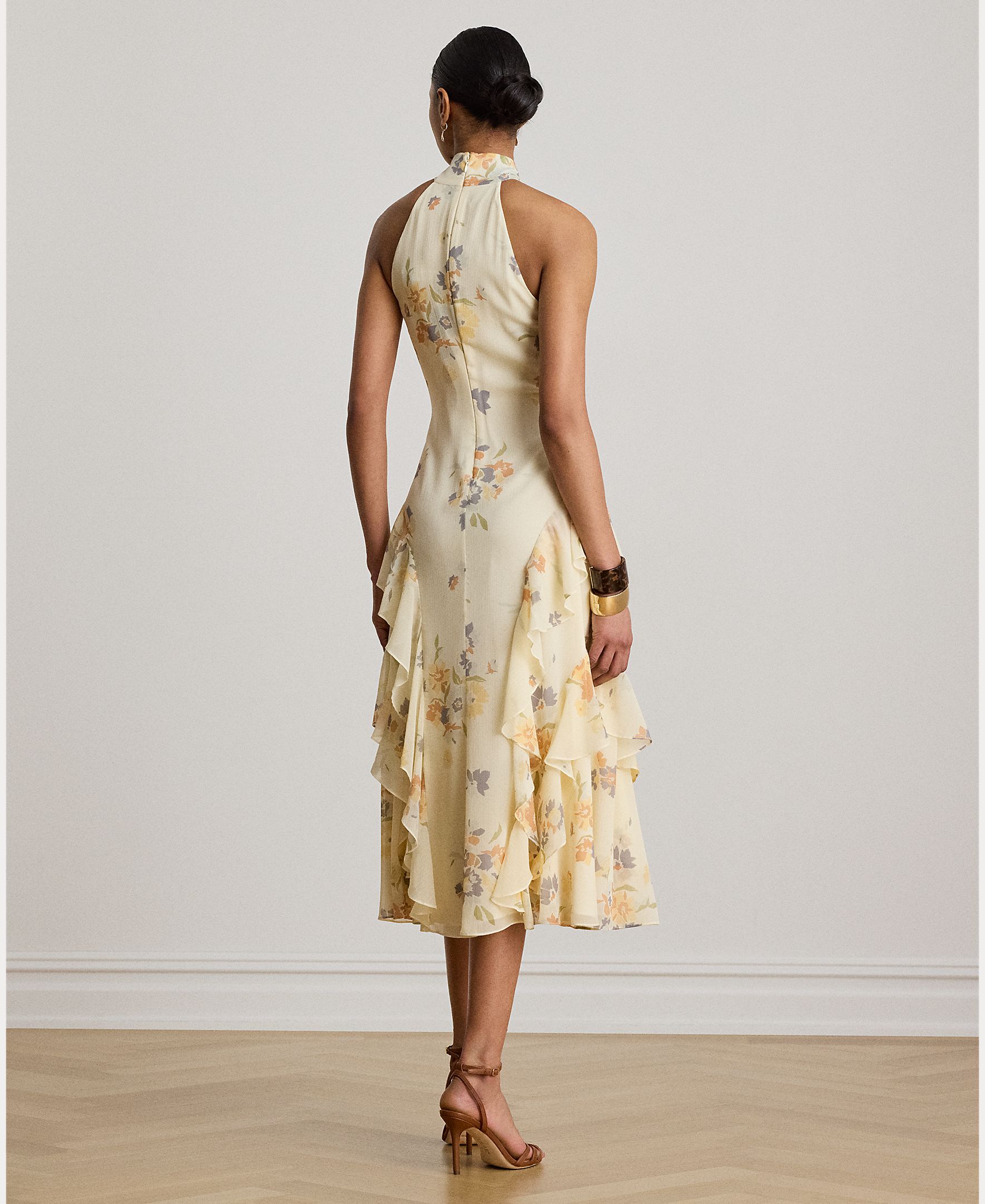Vestido Midi Estampado com Gola Halter Creme-4