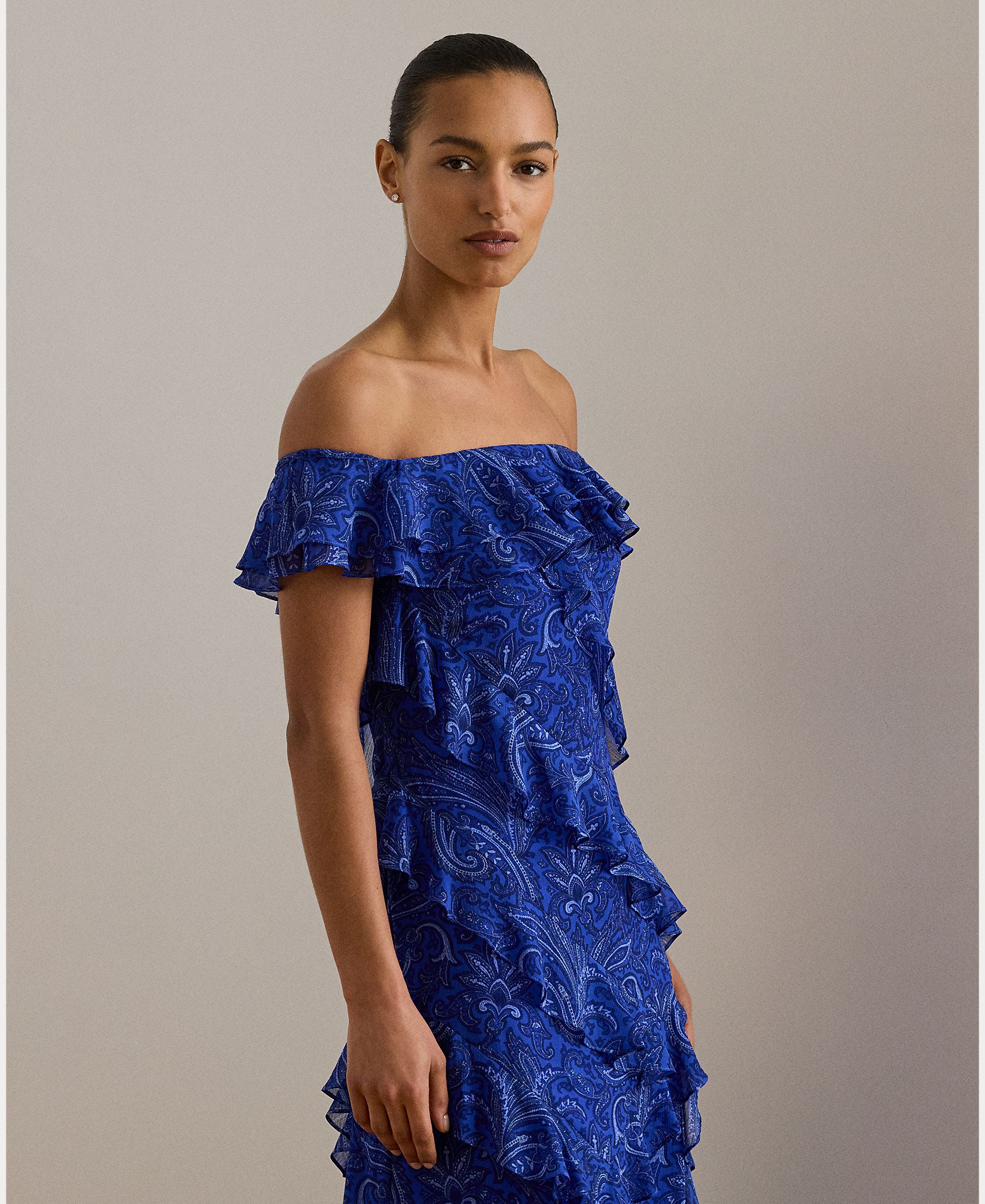Vestido comprido com folhos Denim-4