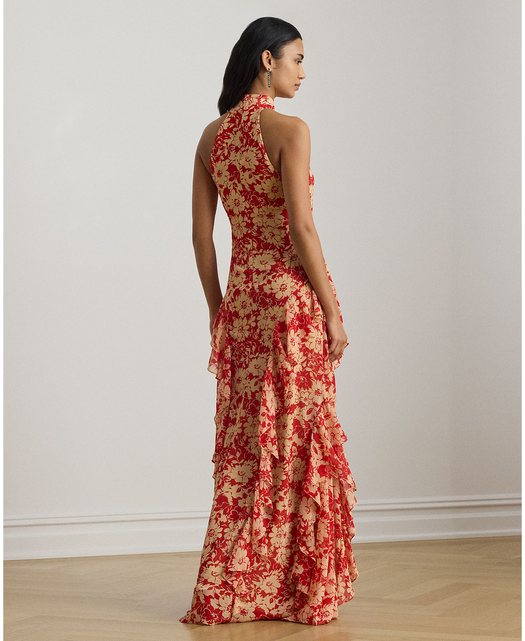 Vestido Comprido Estampado com Gola Halter Vermelho-2