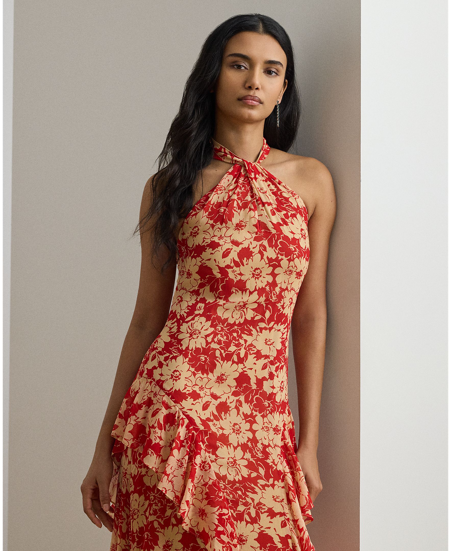Vestido Comprido Estampado com Gola Halter Vermelho-3