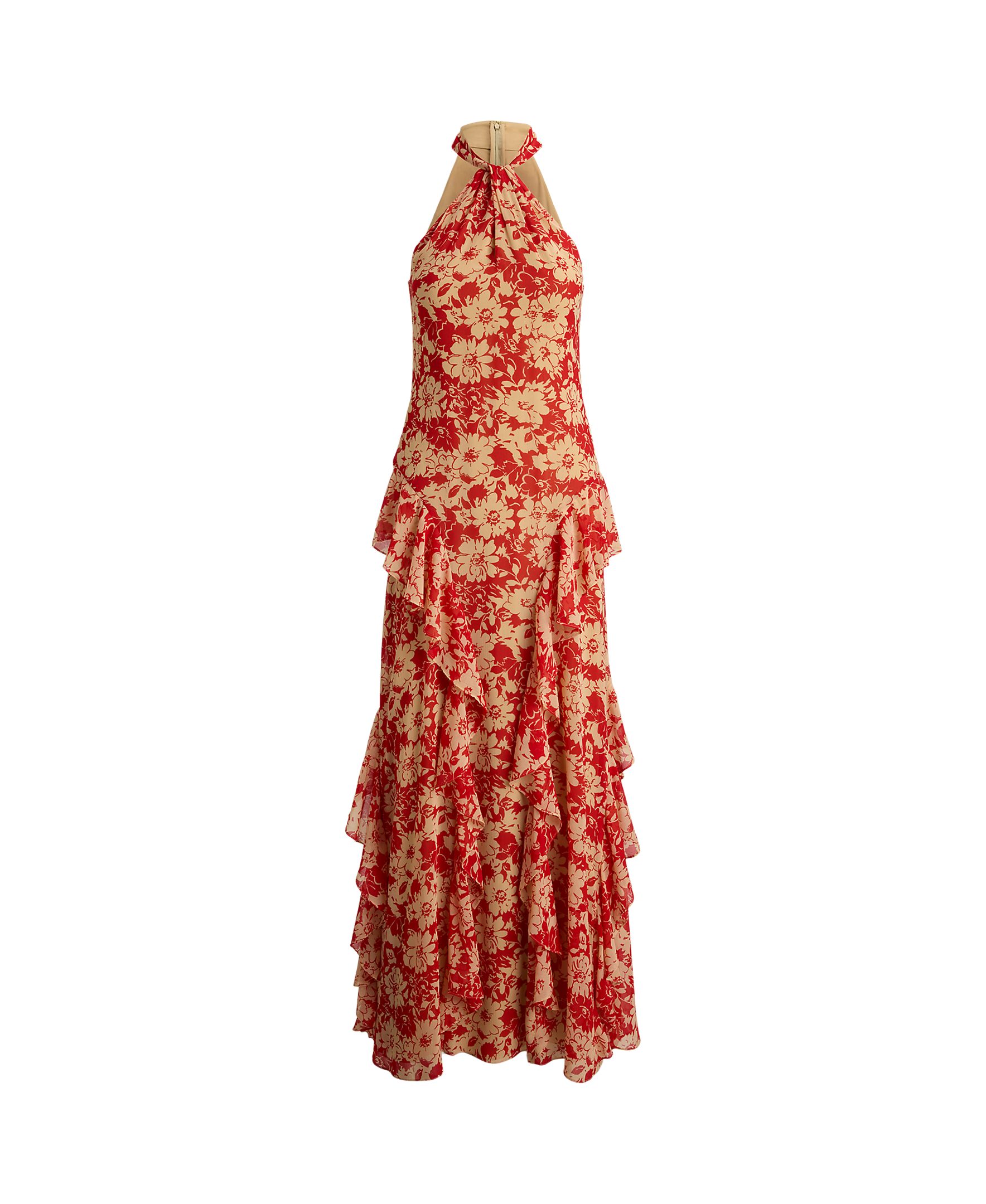 Vestido Comprido Estampado com Gola Halter Vermelho-5