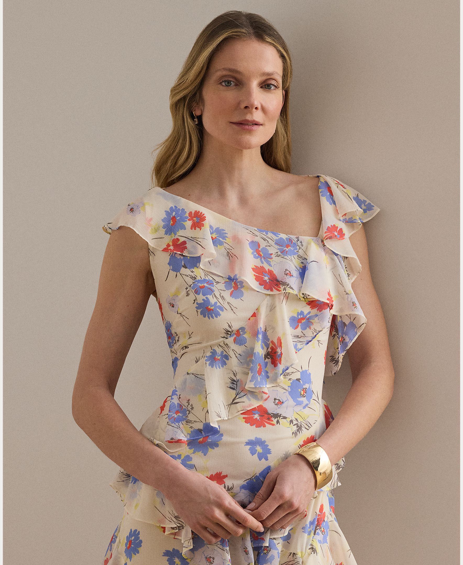 Vestido Comprido de Georgette com Folhos Creme-3