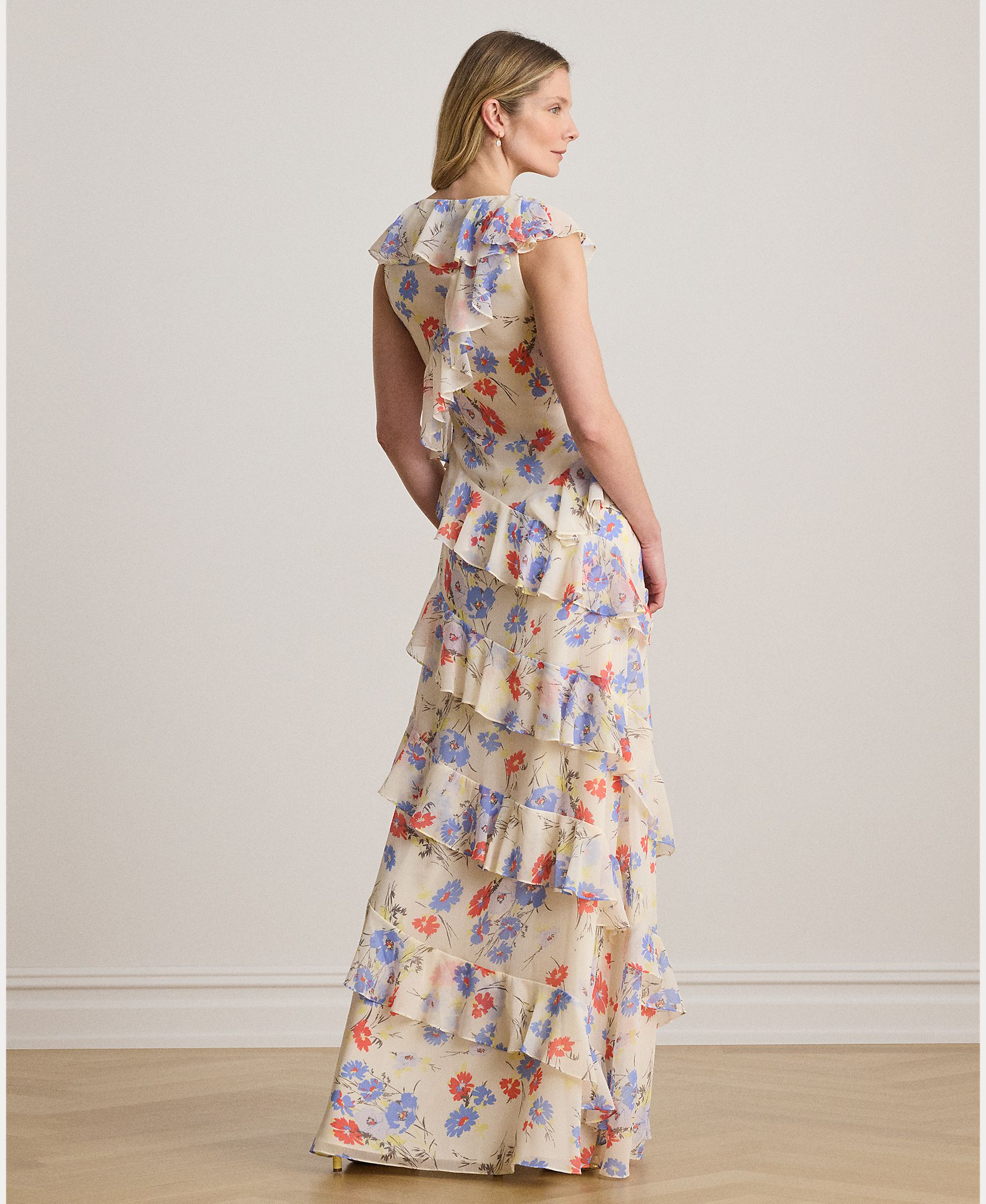 Vestido Comprido de Georgette com Folhos Creme-4