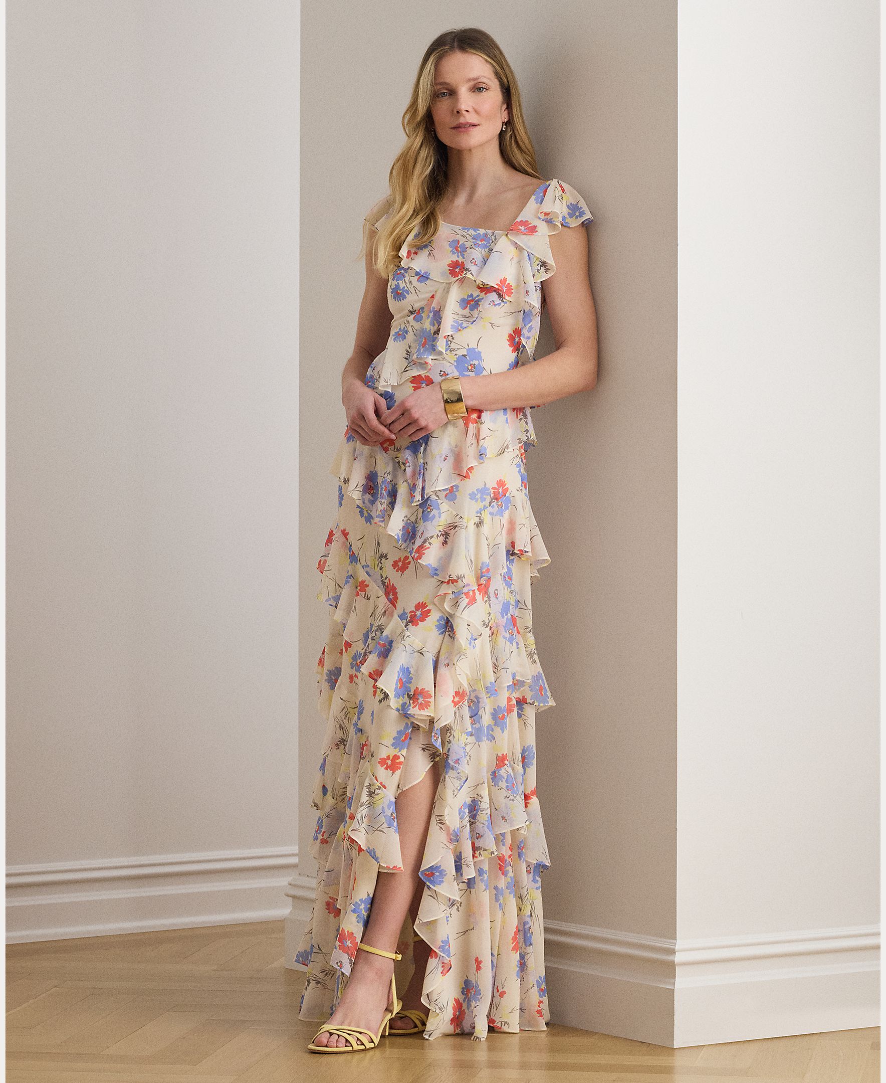 Vestido Comprido de Georgette com Folhos Creme-7
