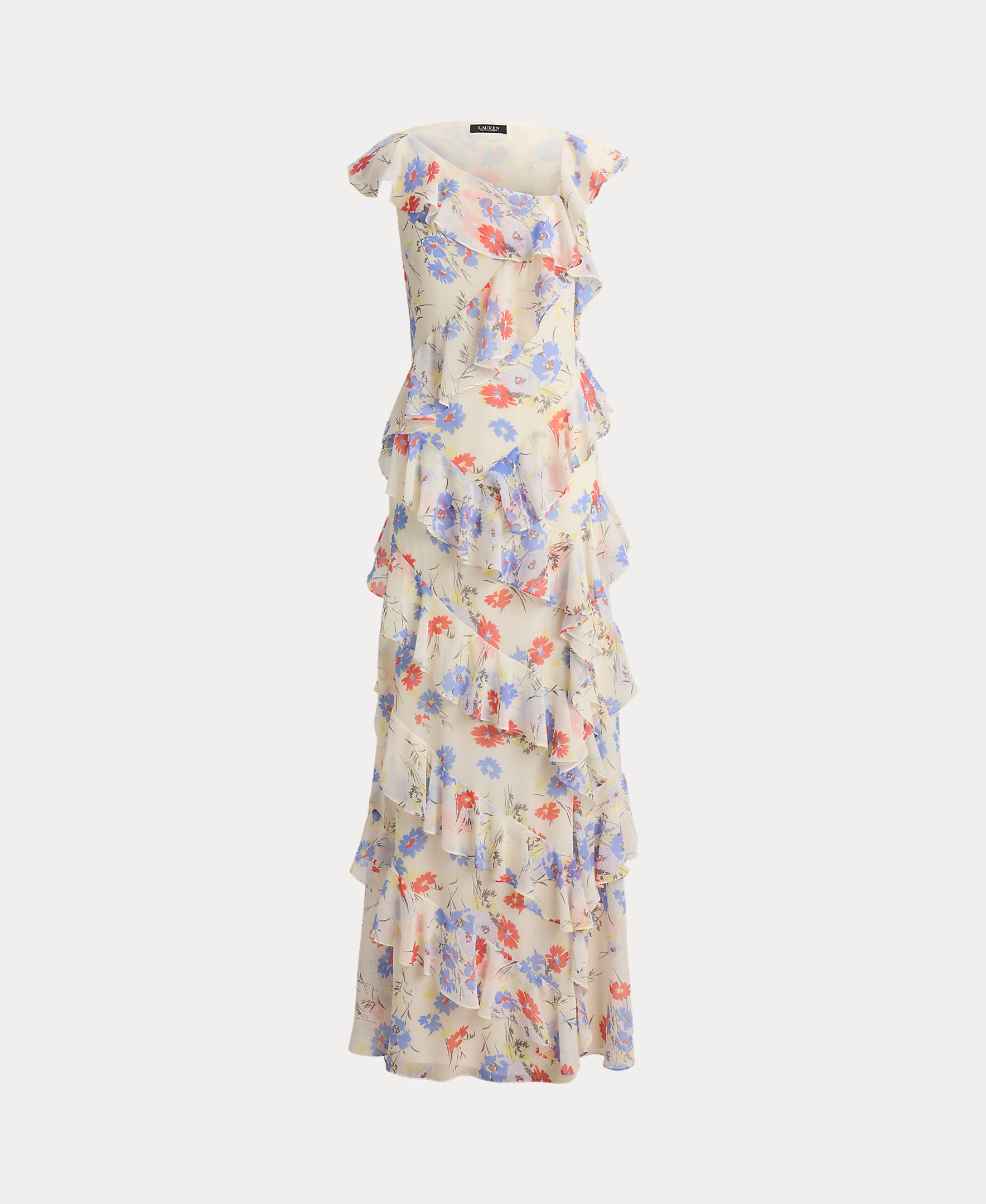 Vestido Comprido de Georgette com Folhos Creme-6