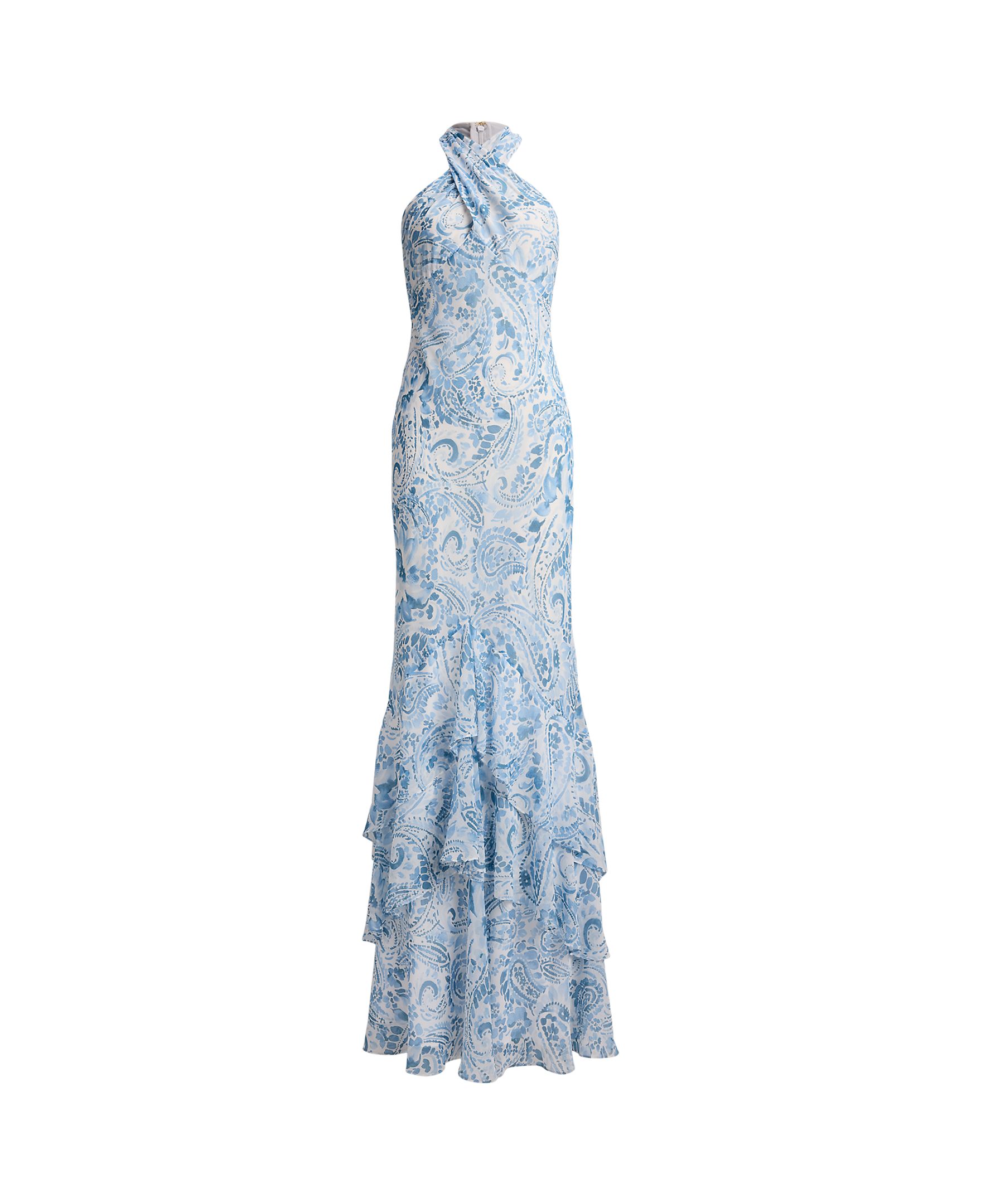 Vestido Comprido Estampado com Gola Halter Azul-claro-5