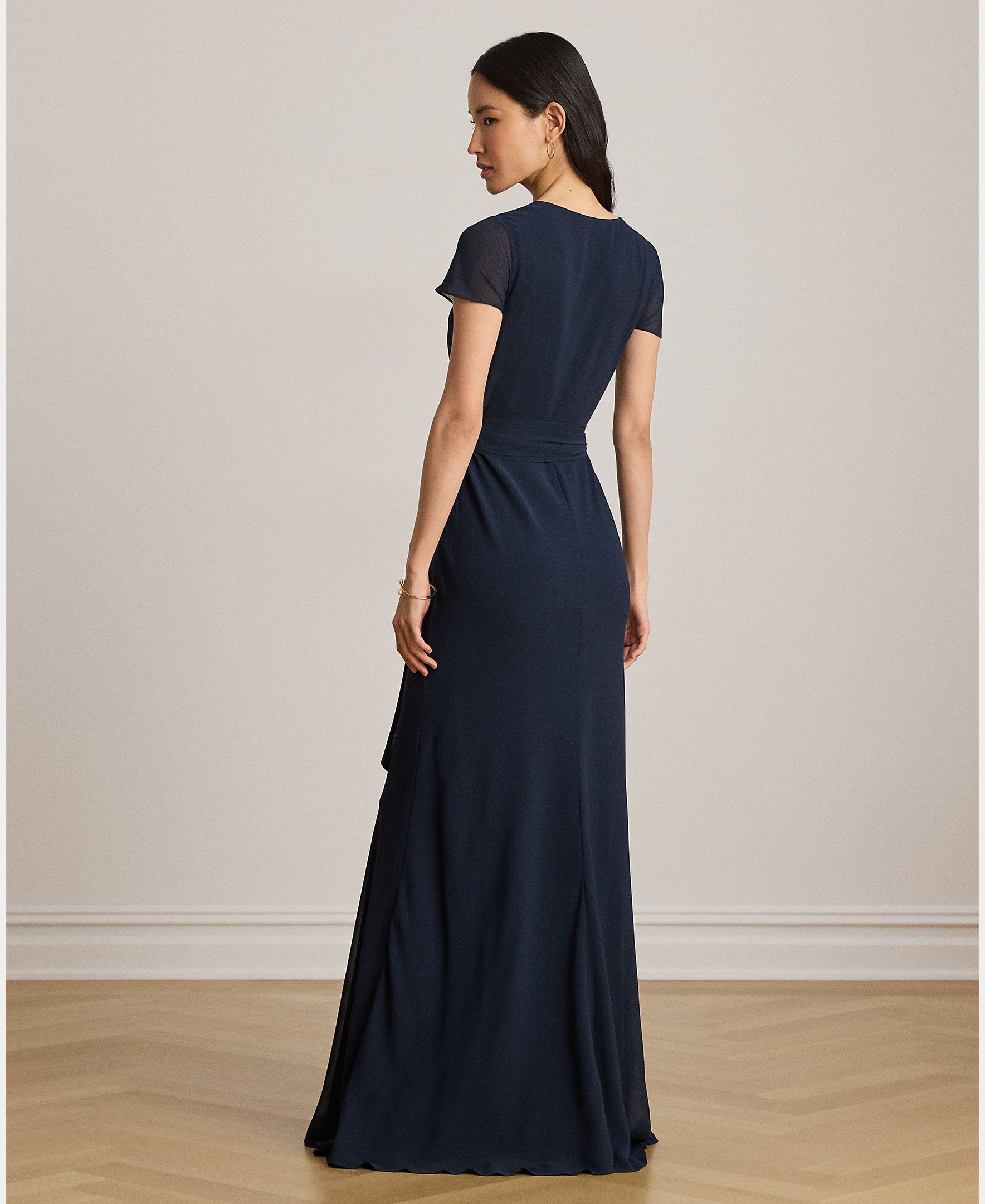 Vestido Comprido com Decote Cruzado e Laçada Lateral Azul-marinho-4