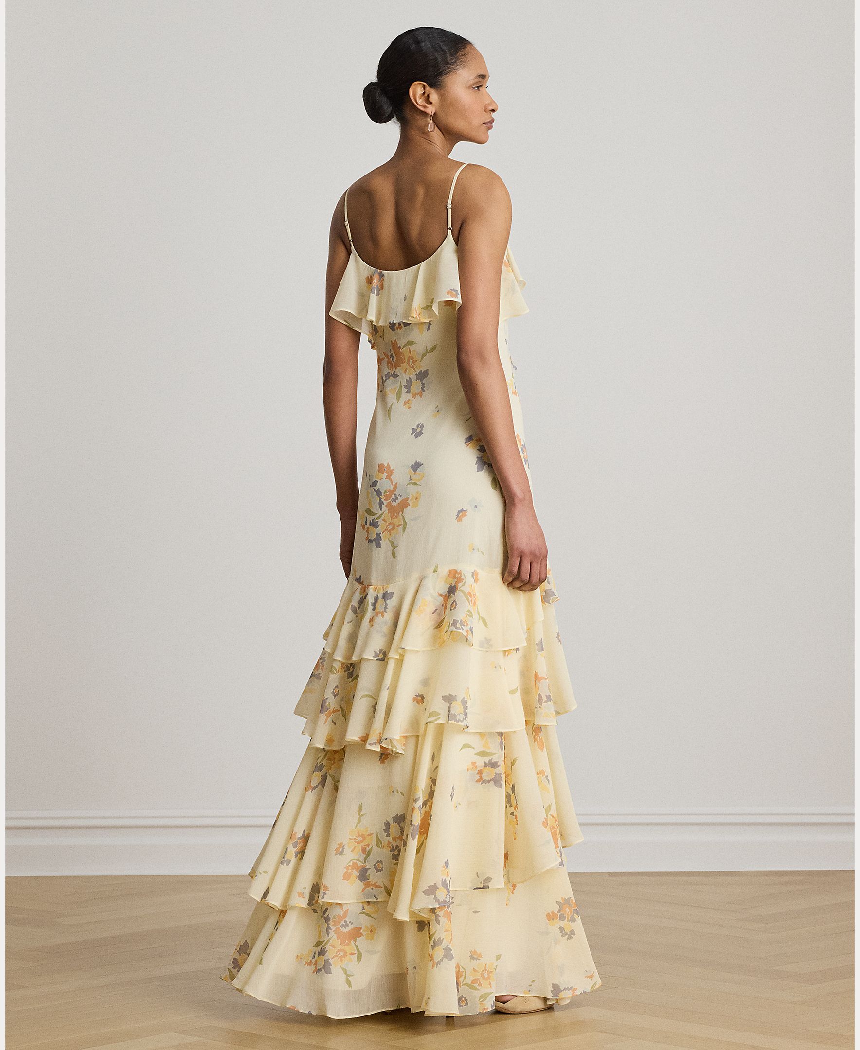 Vestido Comprido de Folhos com Estampado Floral Creme-4