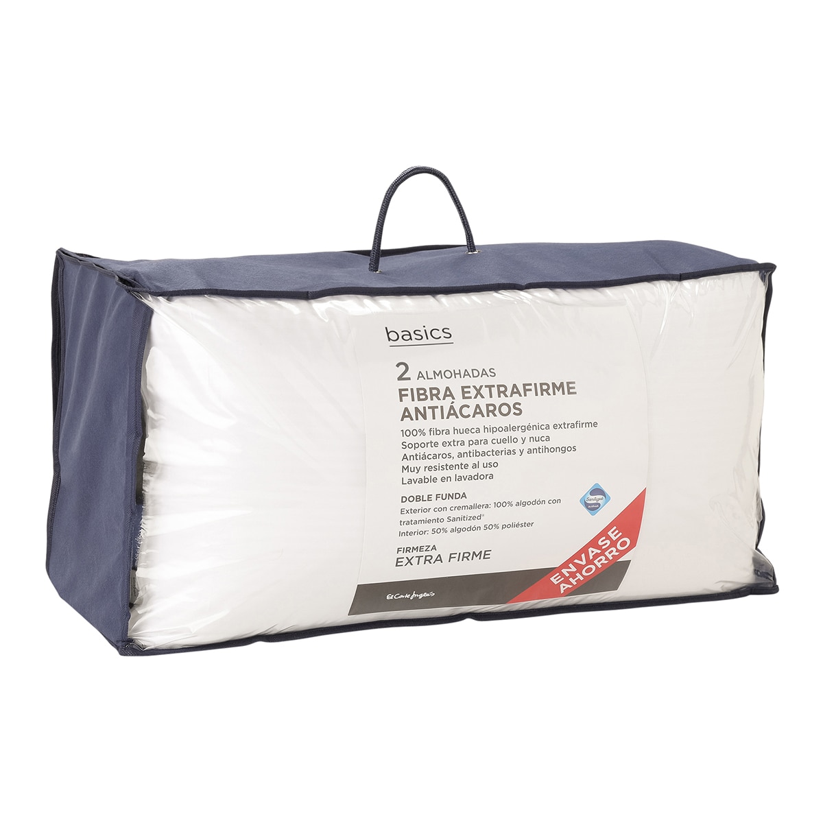 Pack de 2 almohadas Fibra Extrafirme Antiácaros Basics El Corte Inglés Blanco-2