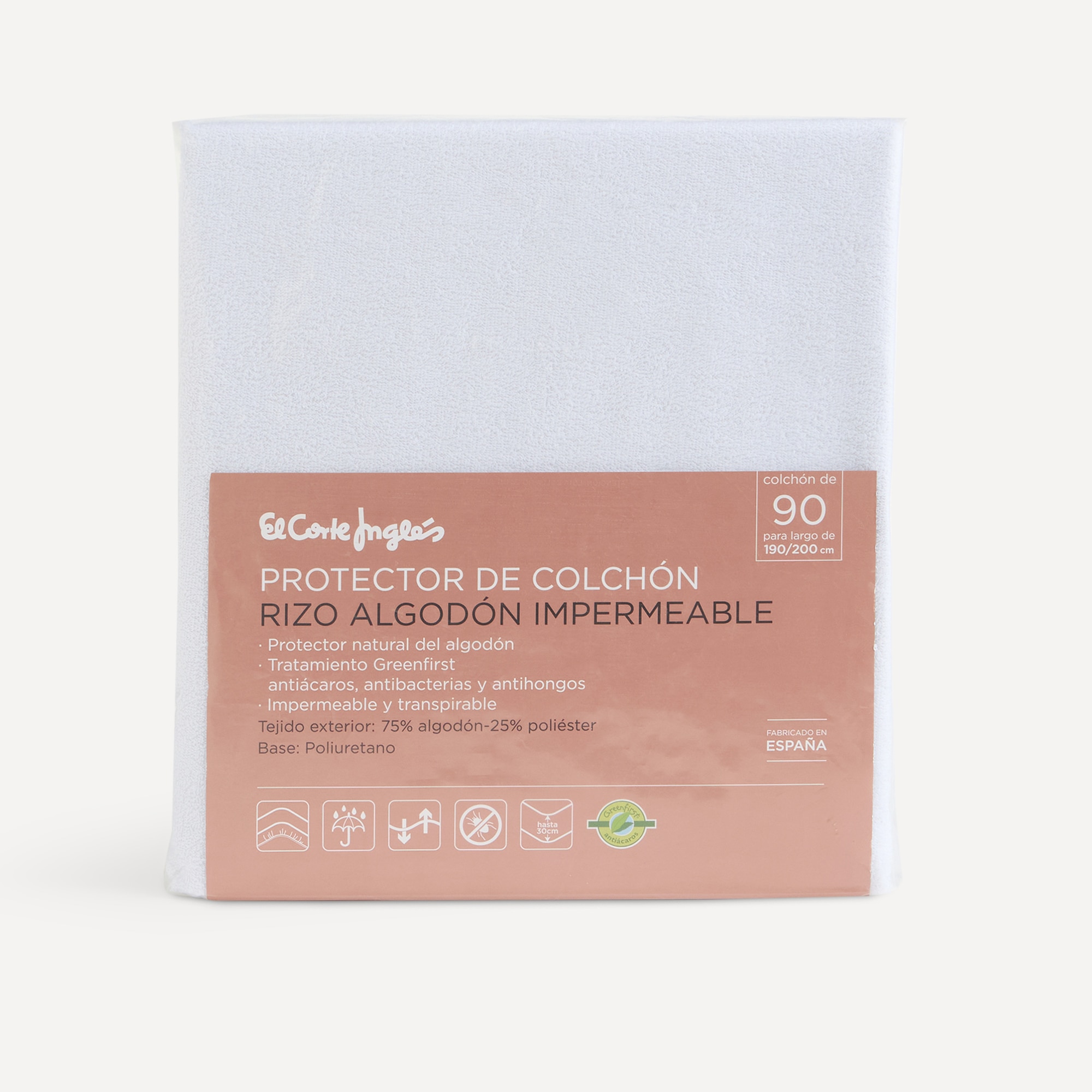Protector de colchón de rizo algodón Antiácaros Impermeable El Corte Inglés Blanco Cama 80 x 190/200 cm Blanco-3