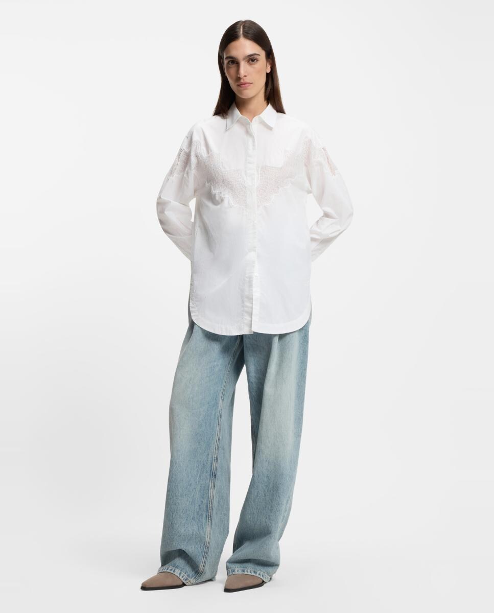 Camisa em Popelina de Algodão com Manga Comprida Branco-1