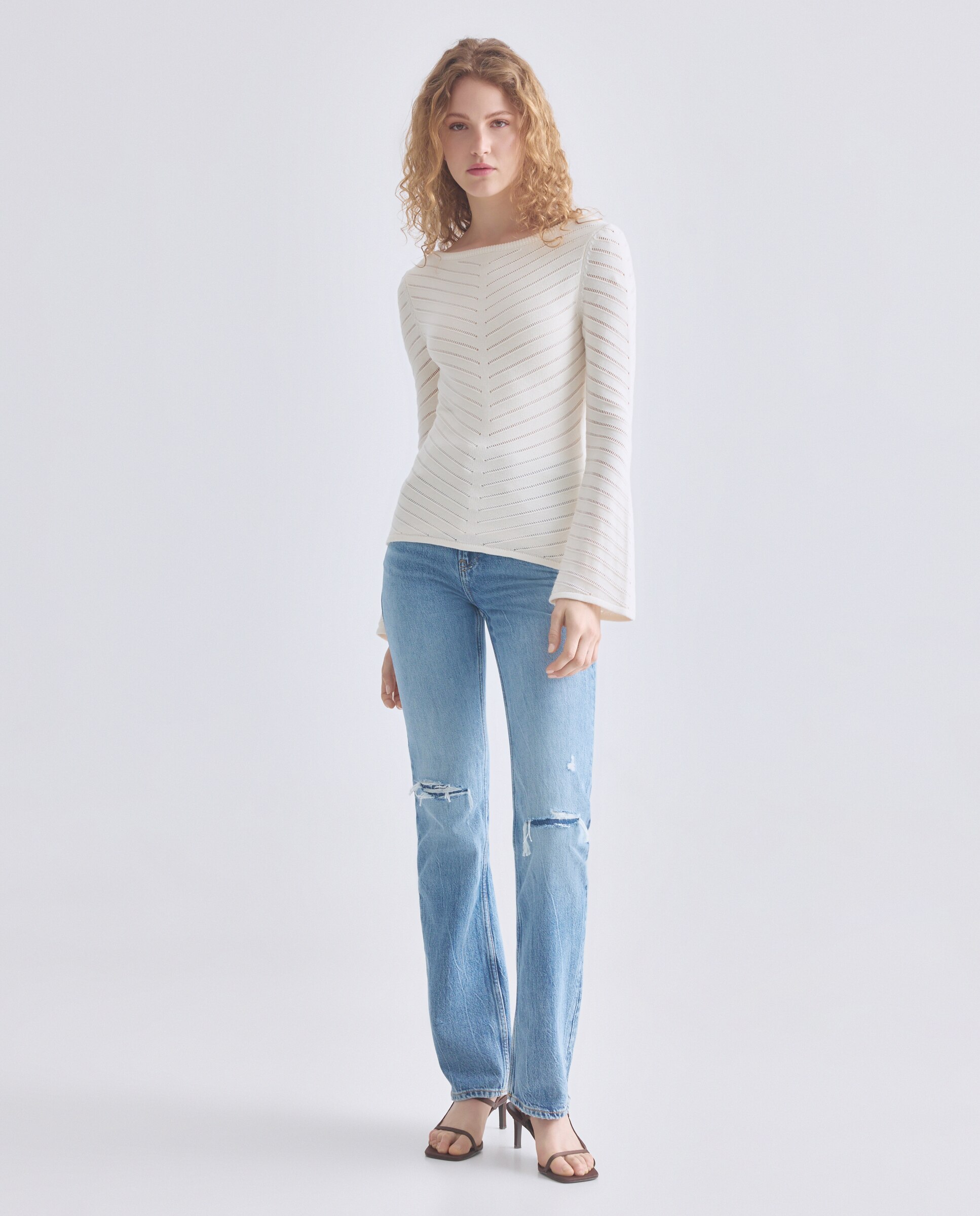 Camisola de Malha com Manga Comprida e Gola Larga Branco-2
