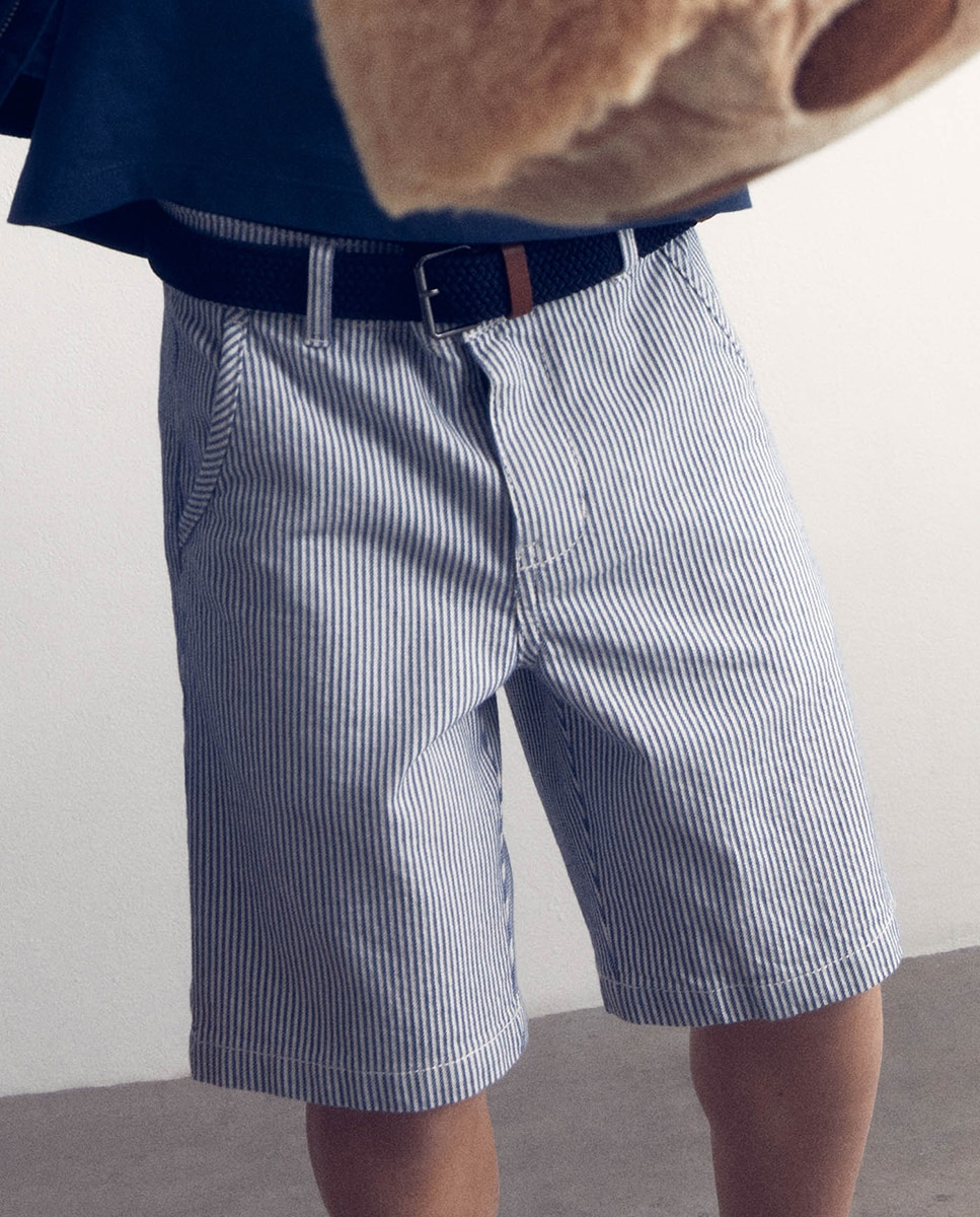 Bermudas com Cinto às Riscas Azul-marinho-2