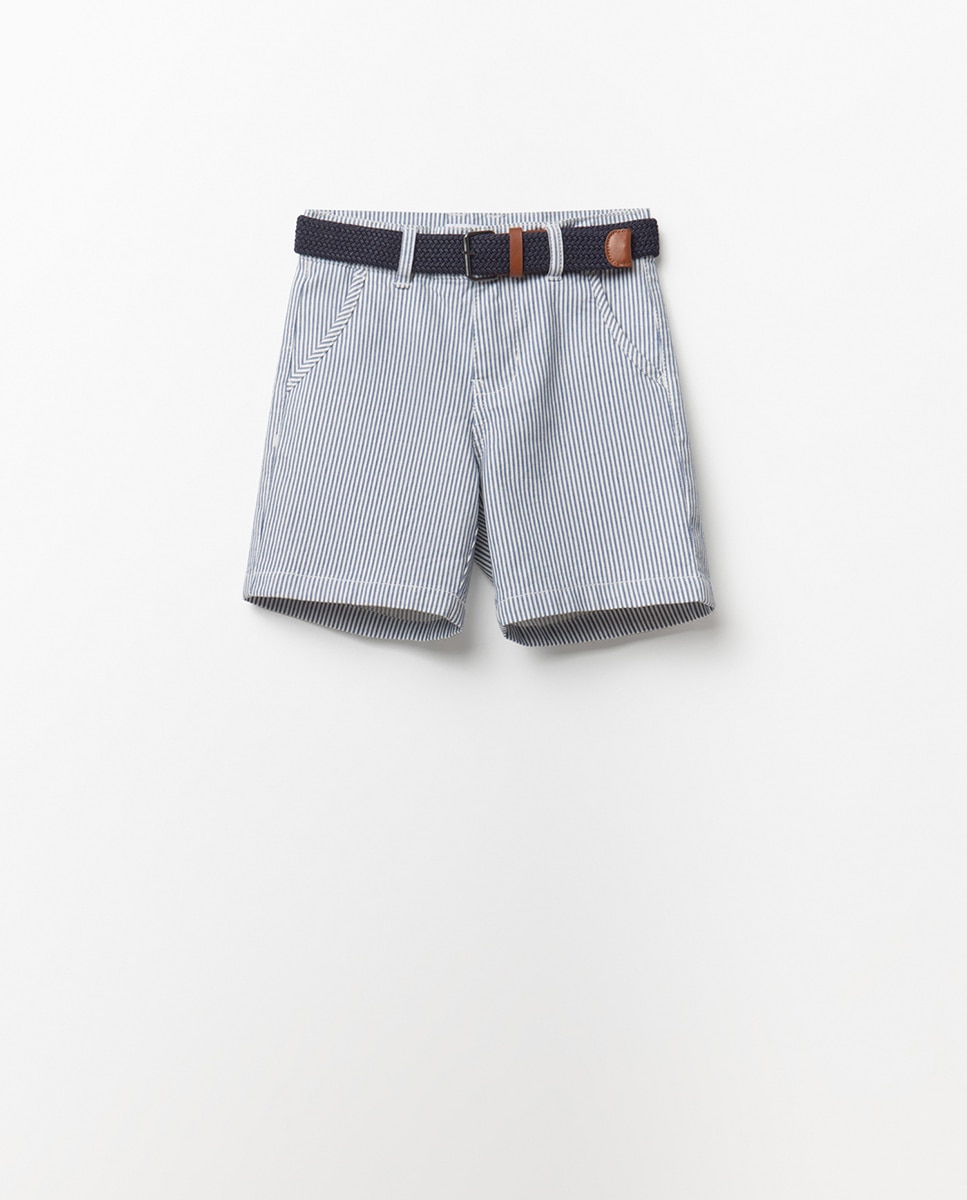 Bermudas com Cinto às Riscas Azul-marinho-4