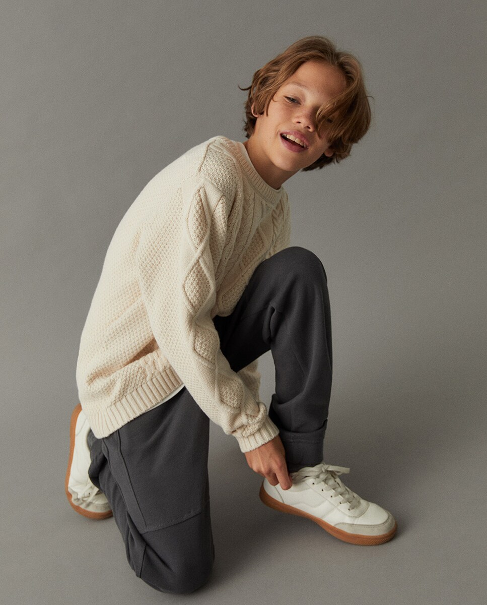 Calças com Piqué e Felpa Cinzento-2