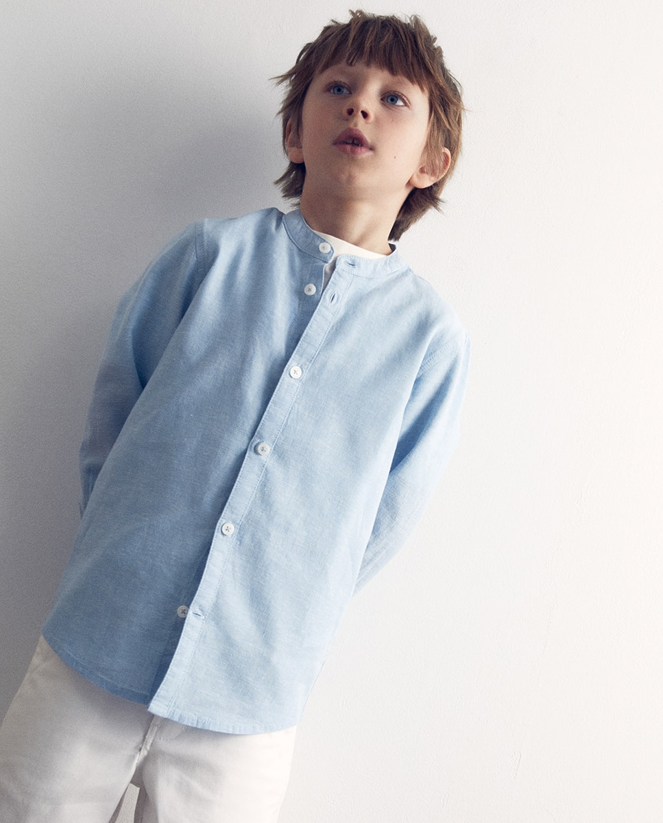 Camisa de Linho e Algodão Azul-claro-3