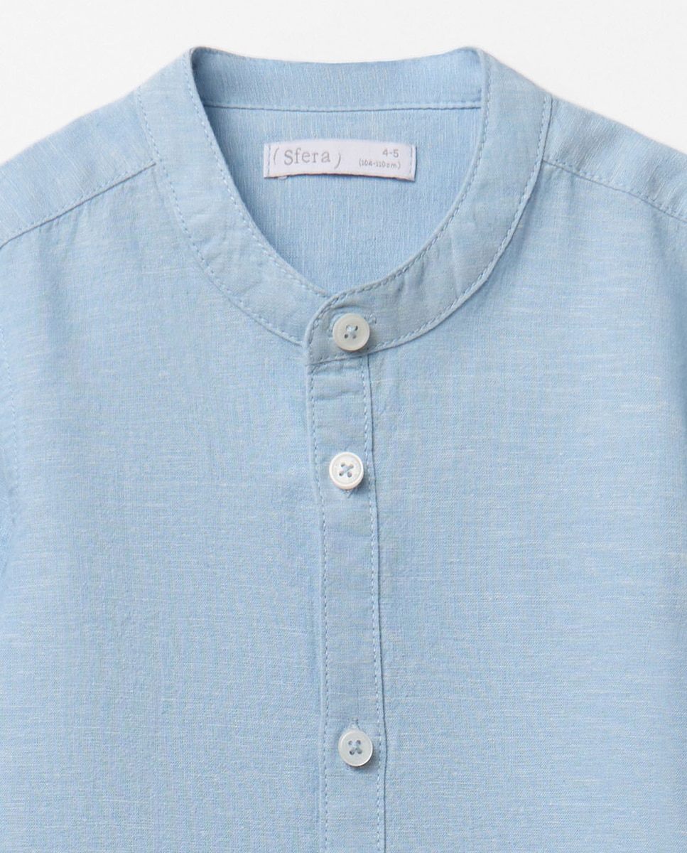 Camisa de Linho e Algodão Azul-claro-5