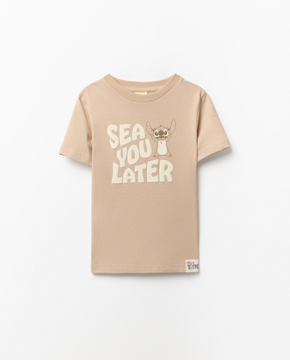 T-shirt com Estampado Stitch Sfera Bege-3