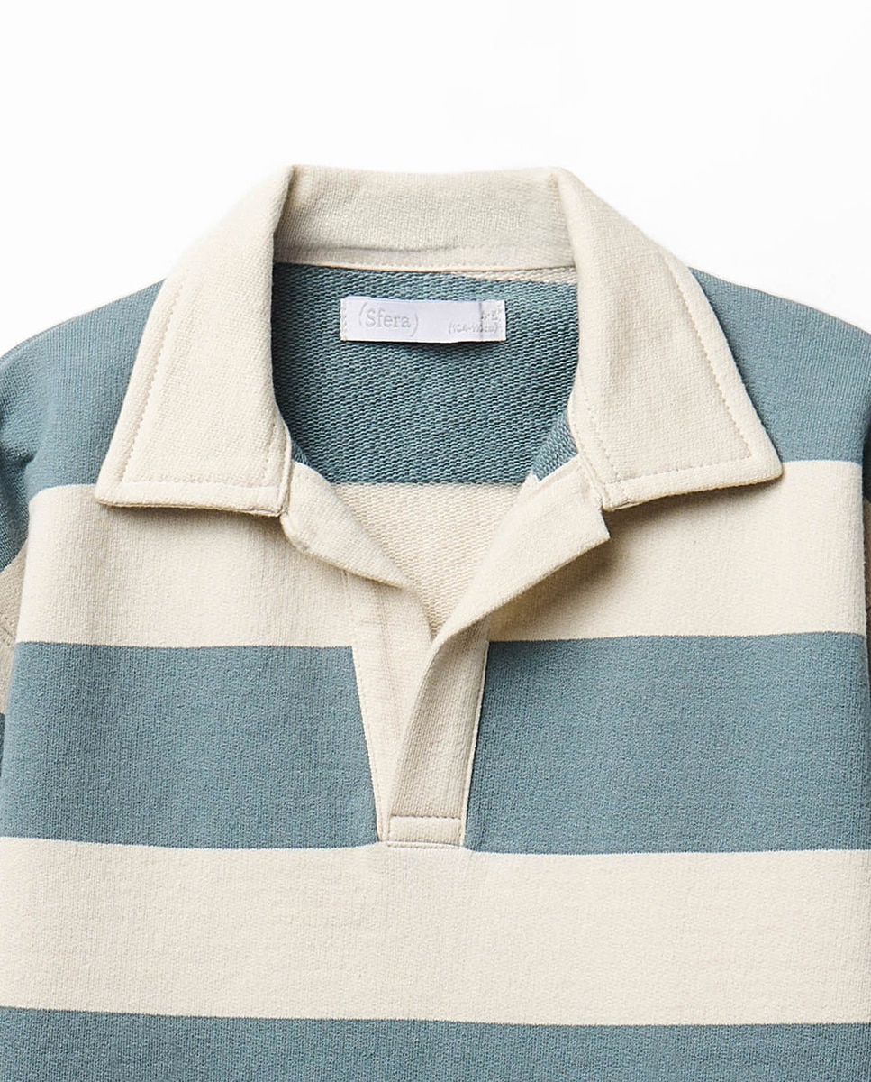 Sweatshirt às Riscas com Colarinho de Polo 530 Verde Escuro-2