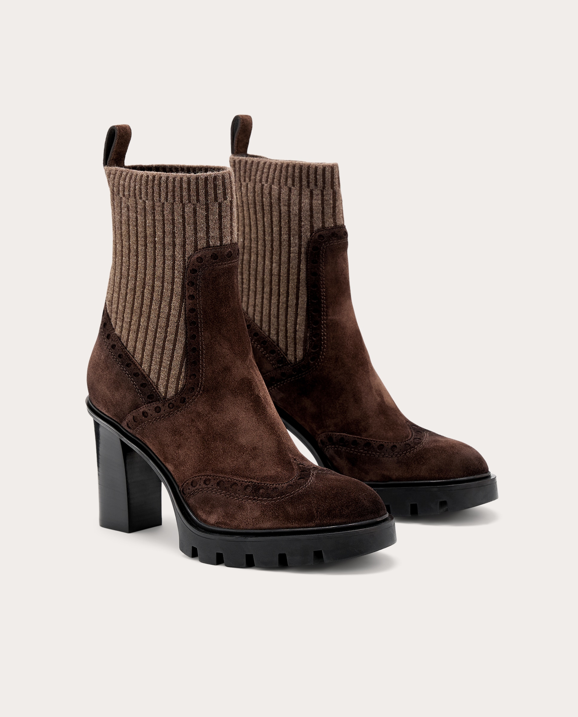 Botín Chelsea brogue de piel con tacón - Marrón Marrón-2