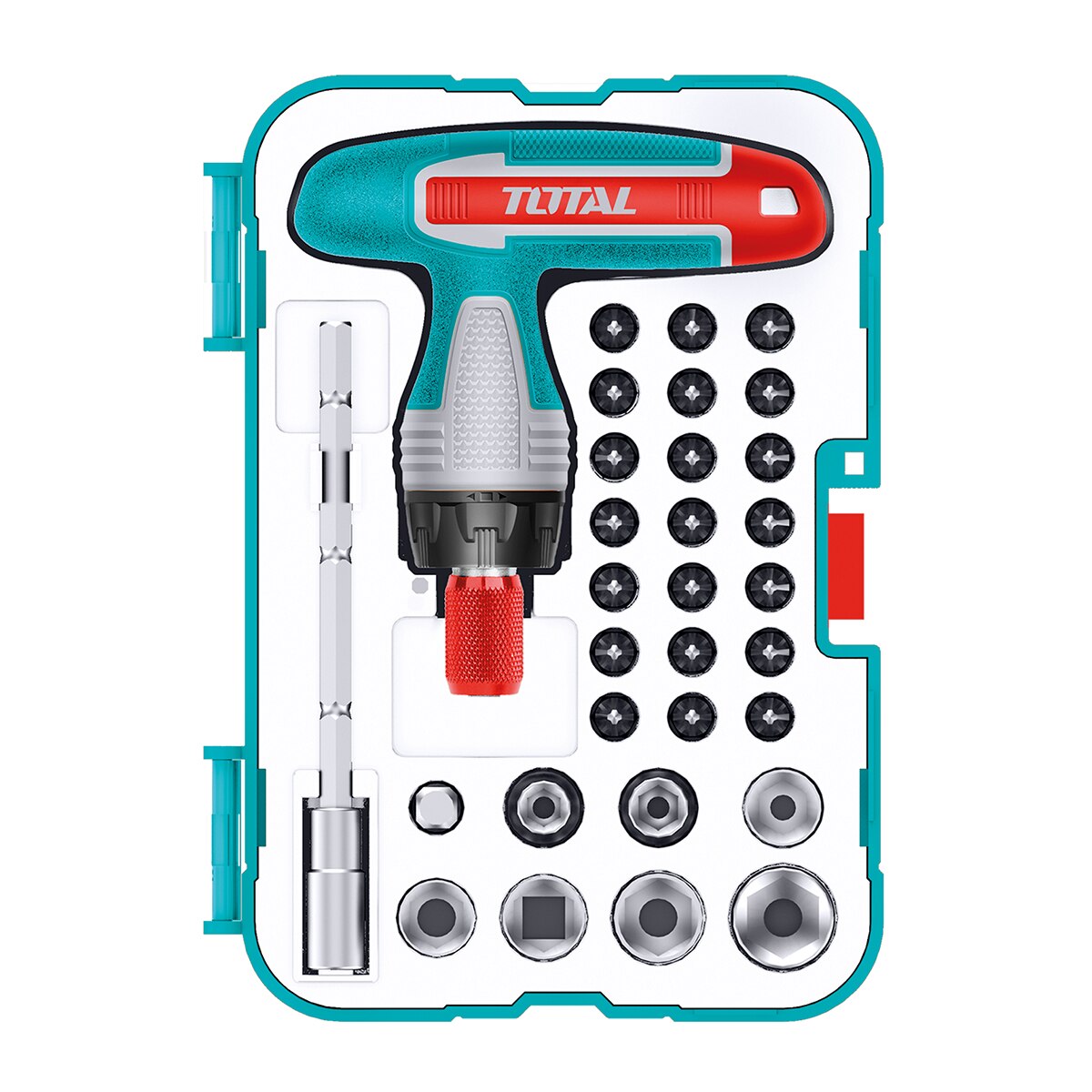 Total – Juego Carraca con Llave en ‘T’ y 24 Piezas de Puntas y Vasos.