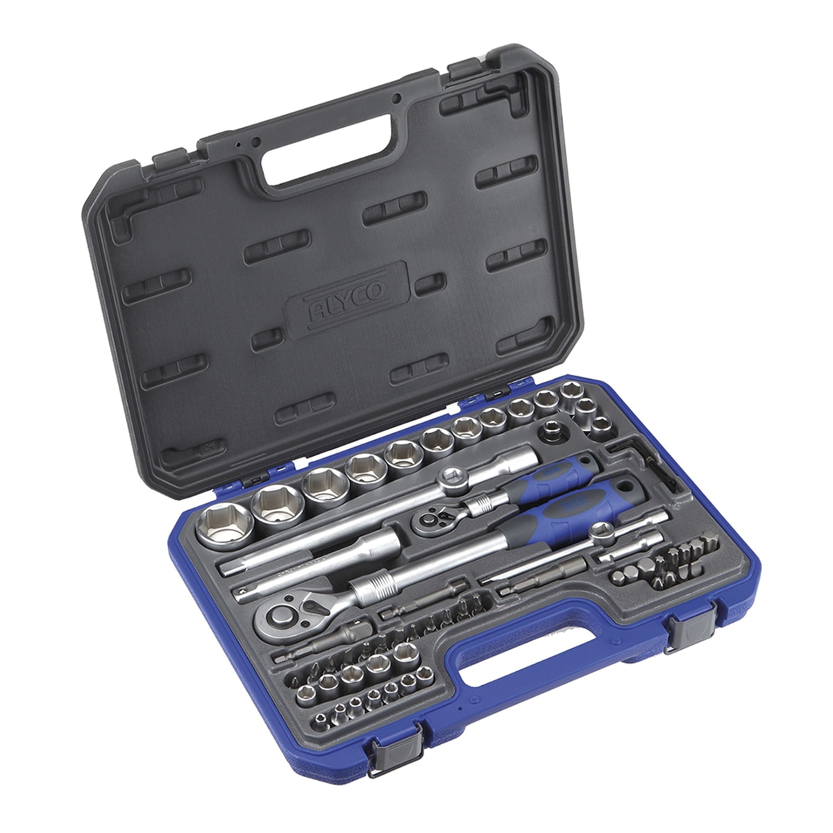 Alyco – Juego de 66 piezas con llaves de vaso de 1/2′ y 1/4», carracas extensibles de 72 dientes de 1/2′ y 1/4» y diferentes accesorios Alyco.