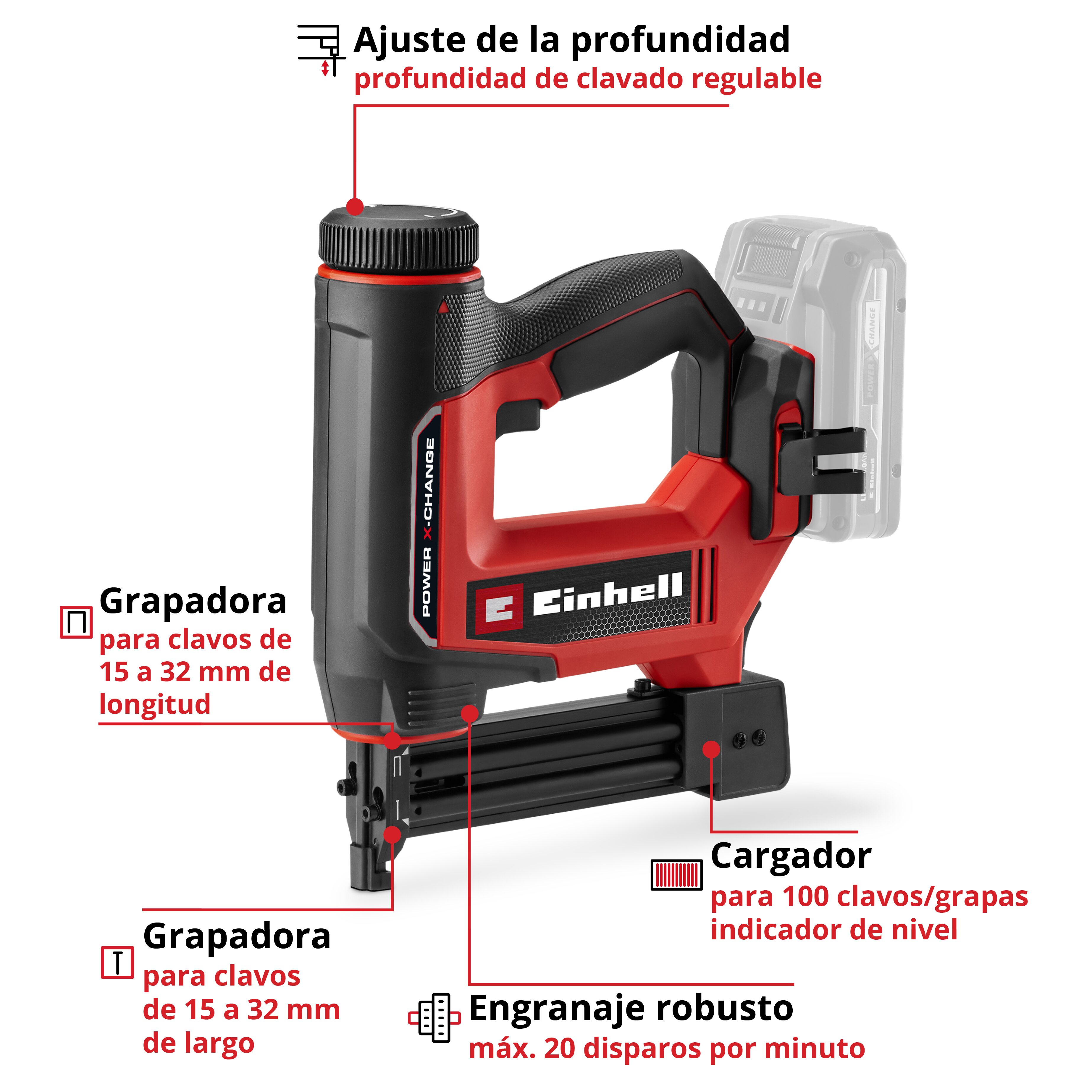 Grapadora - clavadora batería Einhell TE-CN 18/32 Li - Solo Rojo-3