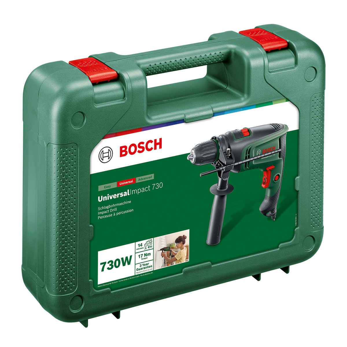Taladro Percutor Eléctrico con cable a red Universal Impact 730 W con Maletín Verde / Negro-2