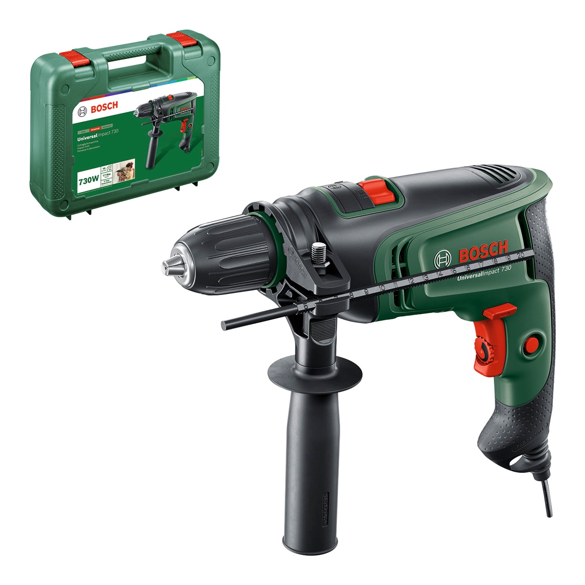 Taladro Percutor Eléctrico con cable a red Universal Impact 730 W con Maletín Verde / Negro-4