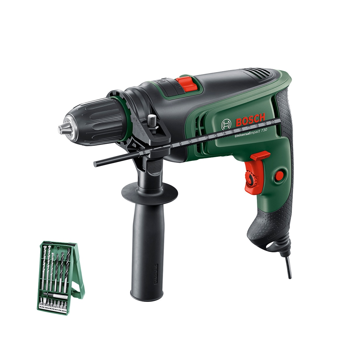 Bosch – Taladro Percutor Eléctrico con cable a red Universal Impact 730 W + Juego Accesorios 15 pzs X-Line.