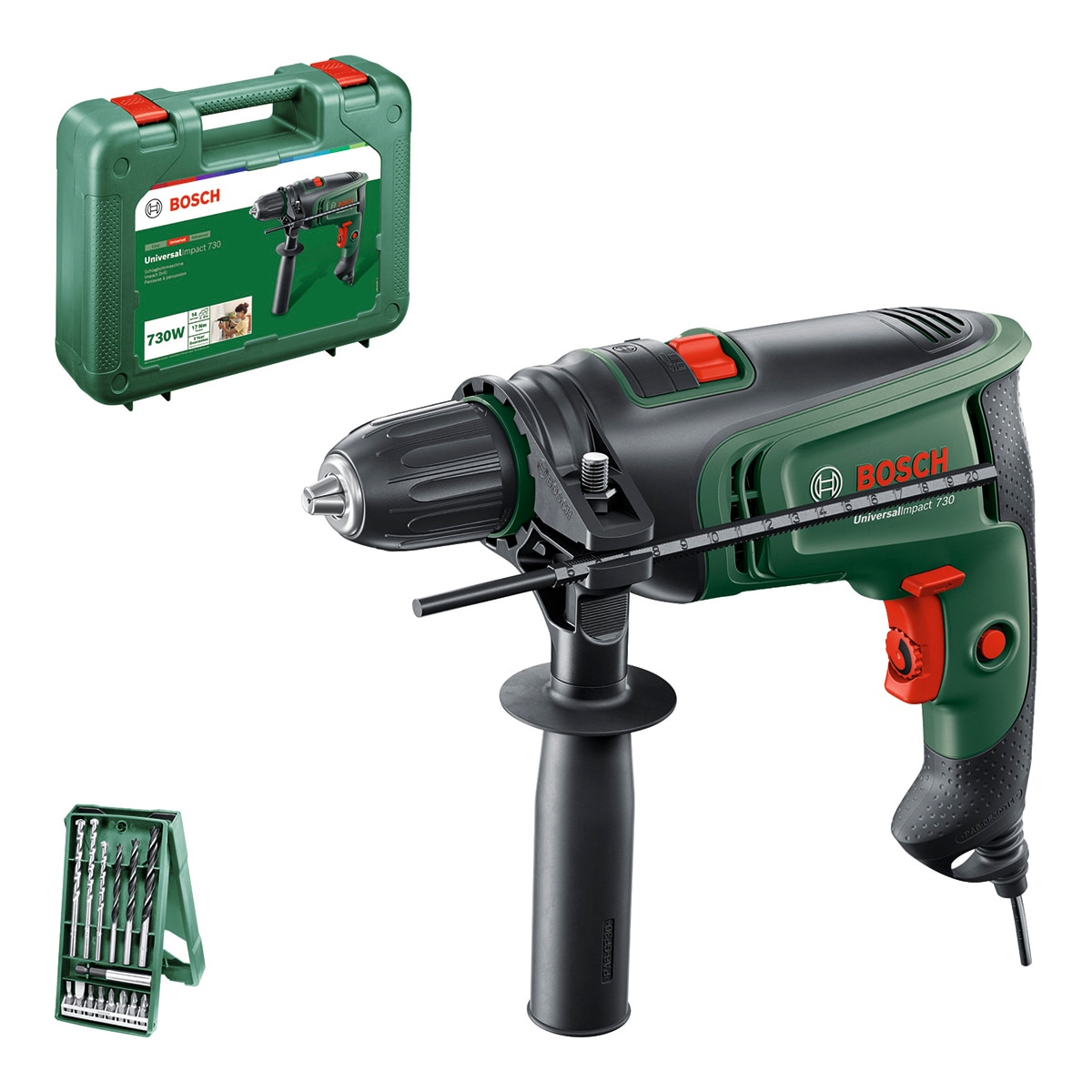 Taladro Percutor Eléctrico con cable a red Universal Impact 730 W + Juego Accesorios 15 pzs X-Line Verde / Negro-2