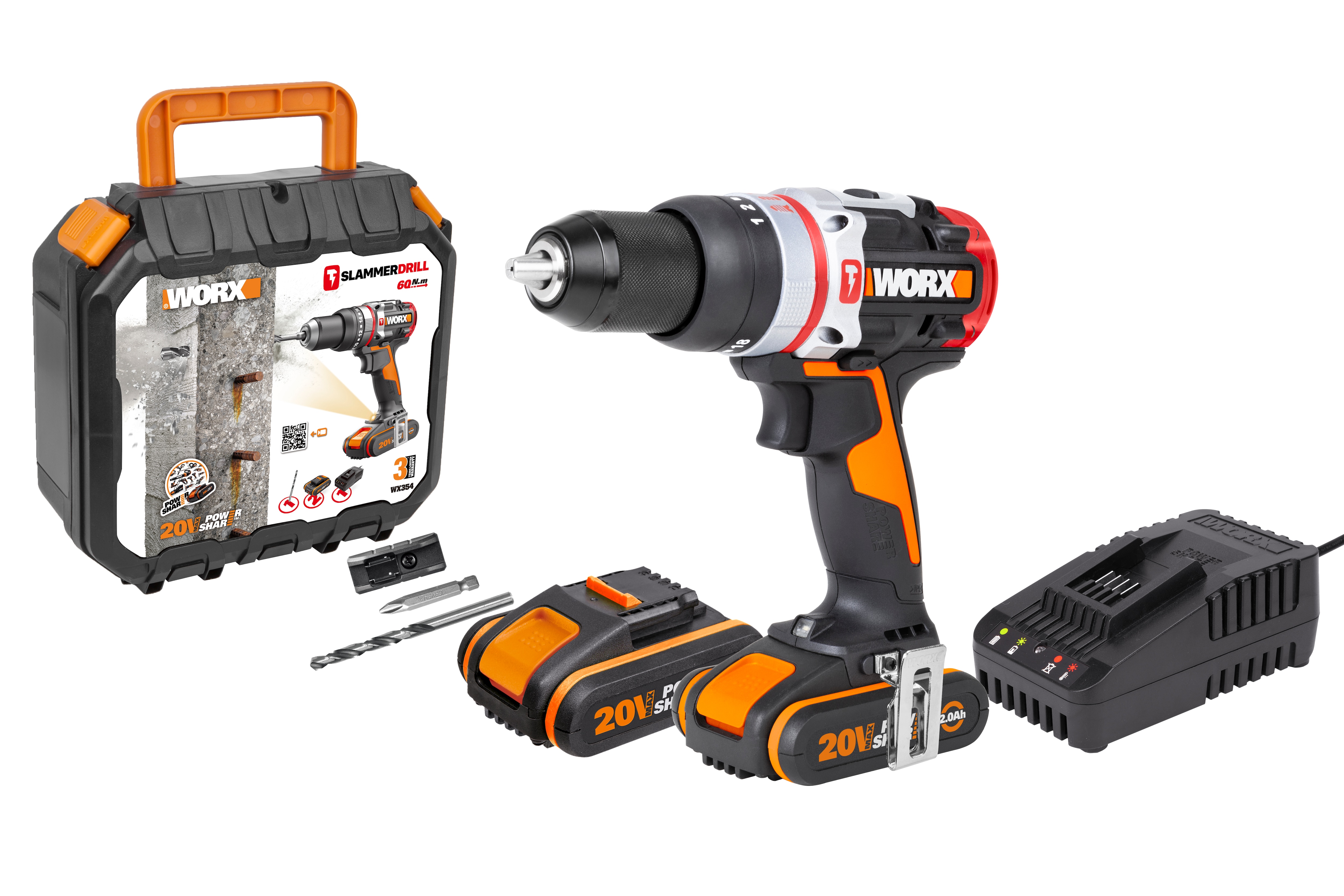 Worx – Taladro Percutor a Batería 20 V Motor Brushless WX354 2 baterías + Accesorios.
