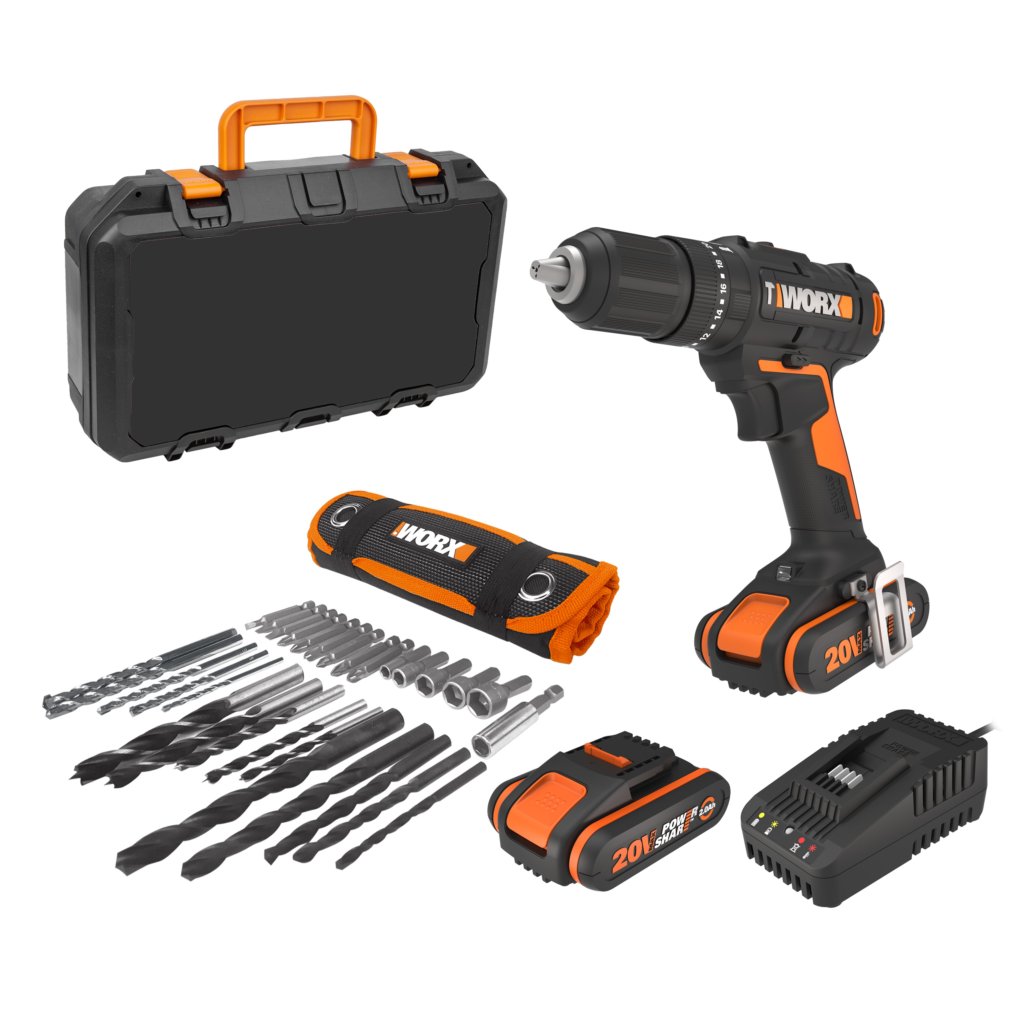 Worx – Taladro Atornillador Percutor a Batería 20 V WX370 PowerShare 2 baterías.