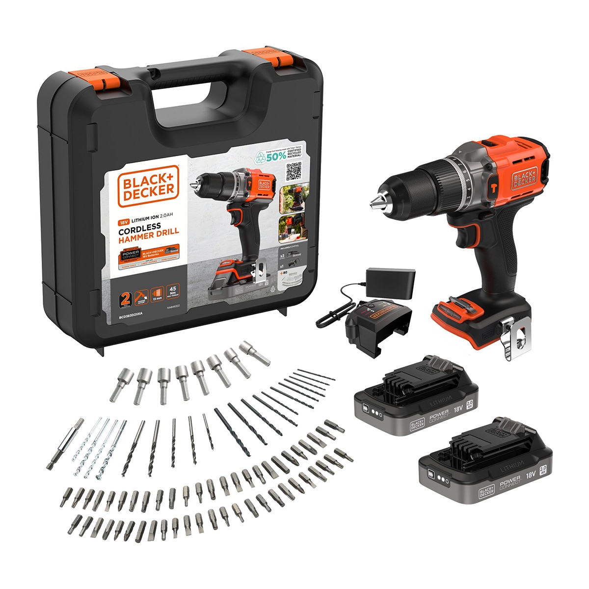 Imagem 0 de Berbequim Percutor 18 V + Porta-Brocas, 80 Acessórios, Carregador e Mala