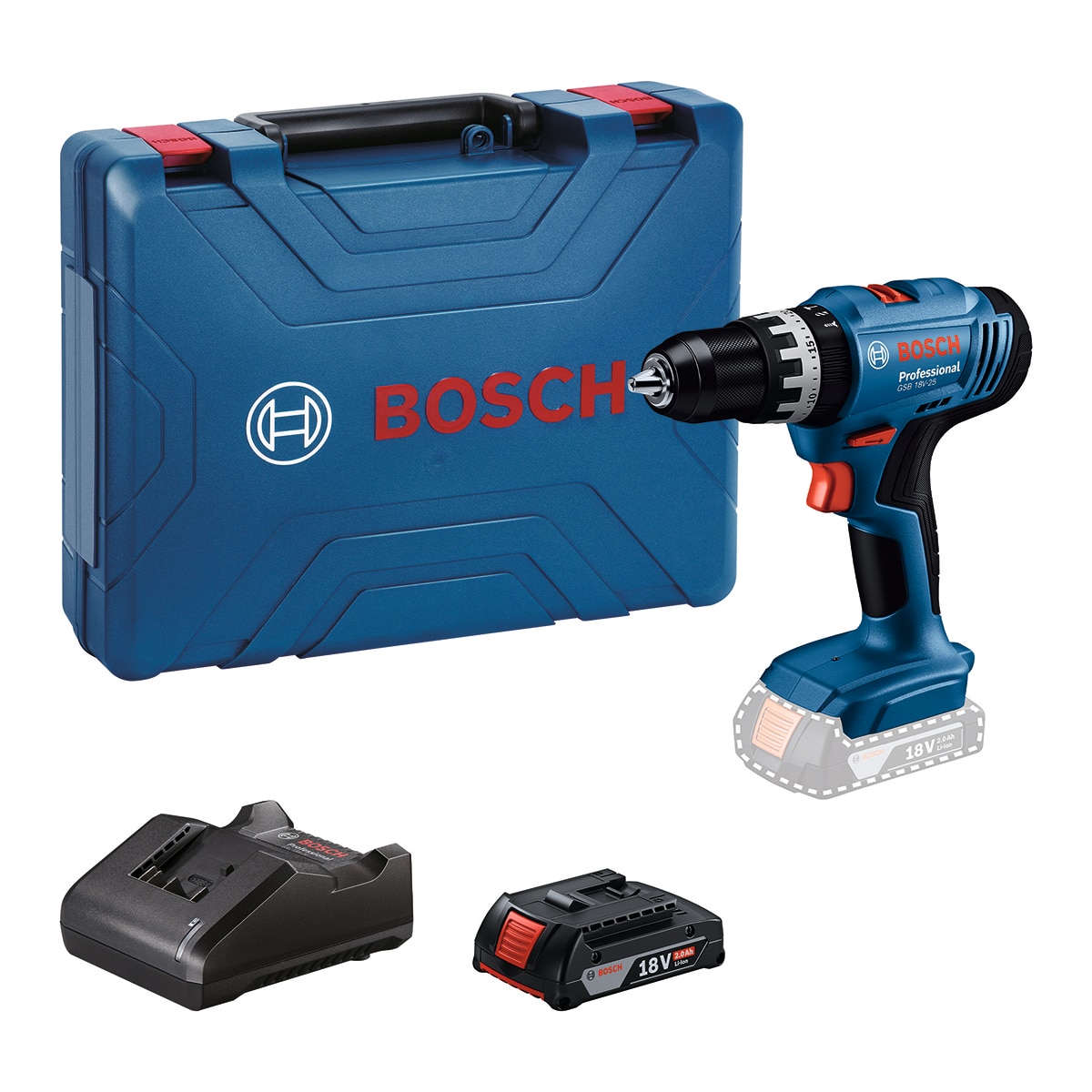 Imagen 0 de Taladro percutor a batería BOSCH PROFESSIONAL 18V - 1 Batería 2,0 Ah - Maletín. 56Nm.