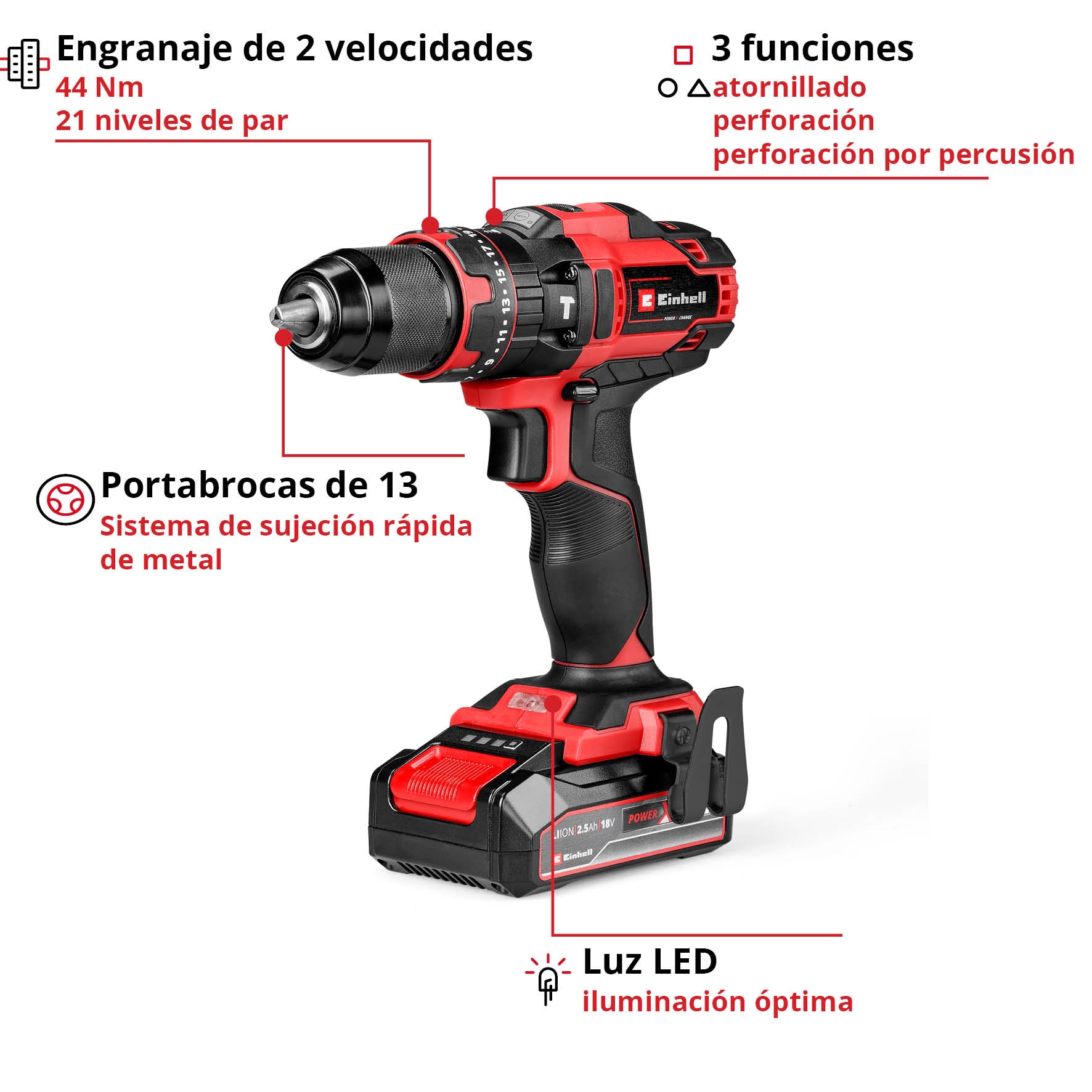 Taladro Einhell TE-CD 18/44 Li-i (1x2,5Ah) Rojo-2