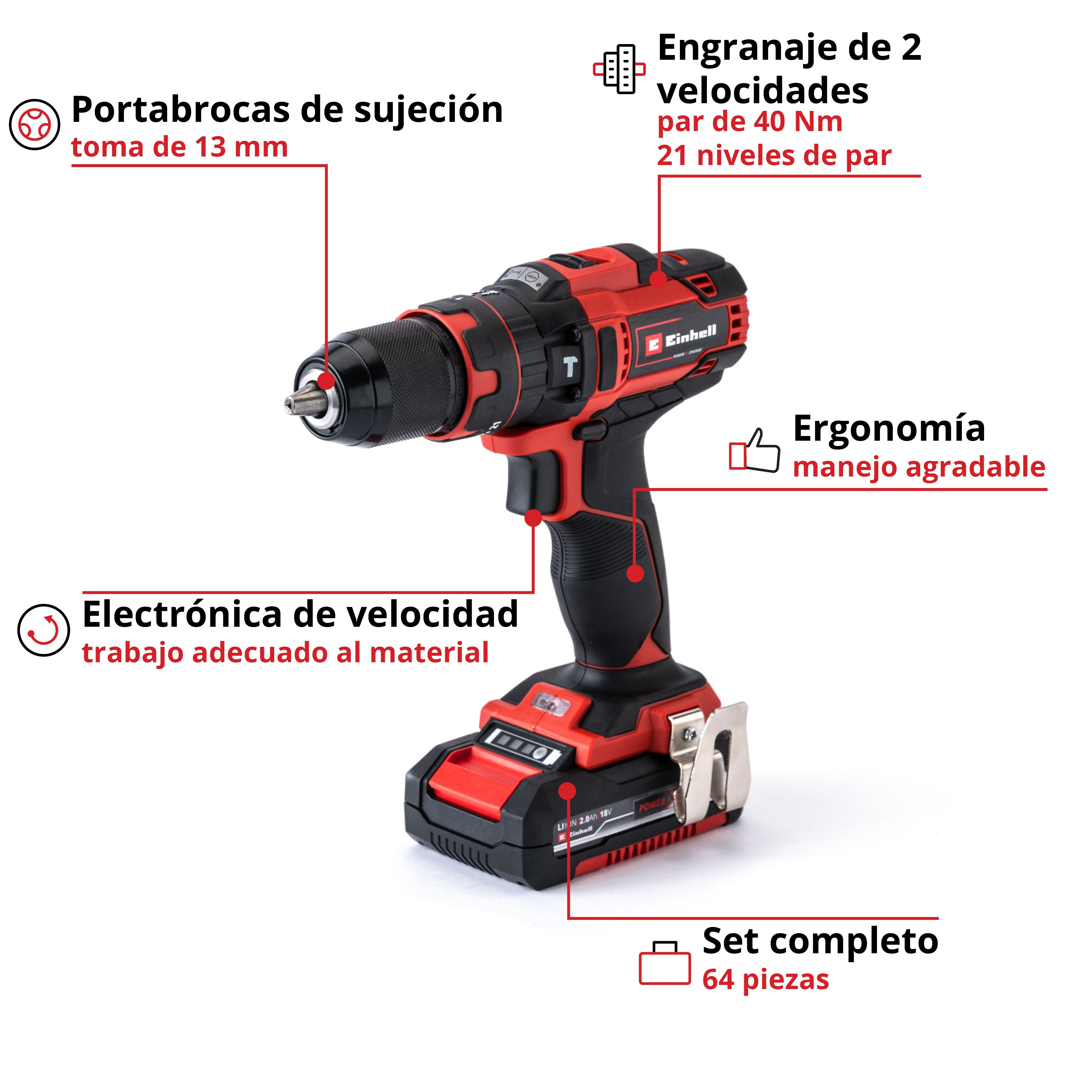 Taladro sin cable Einhell TE-CD 18/40 Li-i +64 piezas (2x2,0Ah) Rojo-2