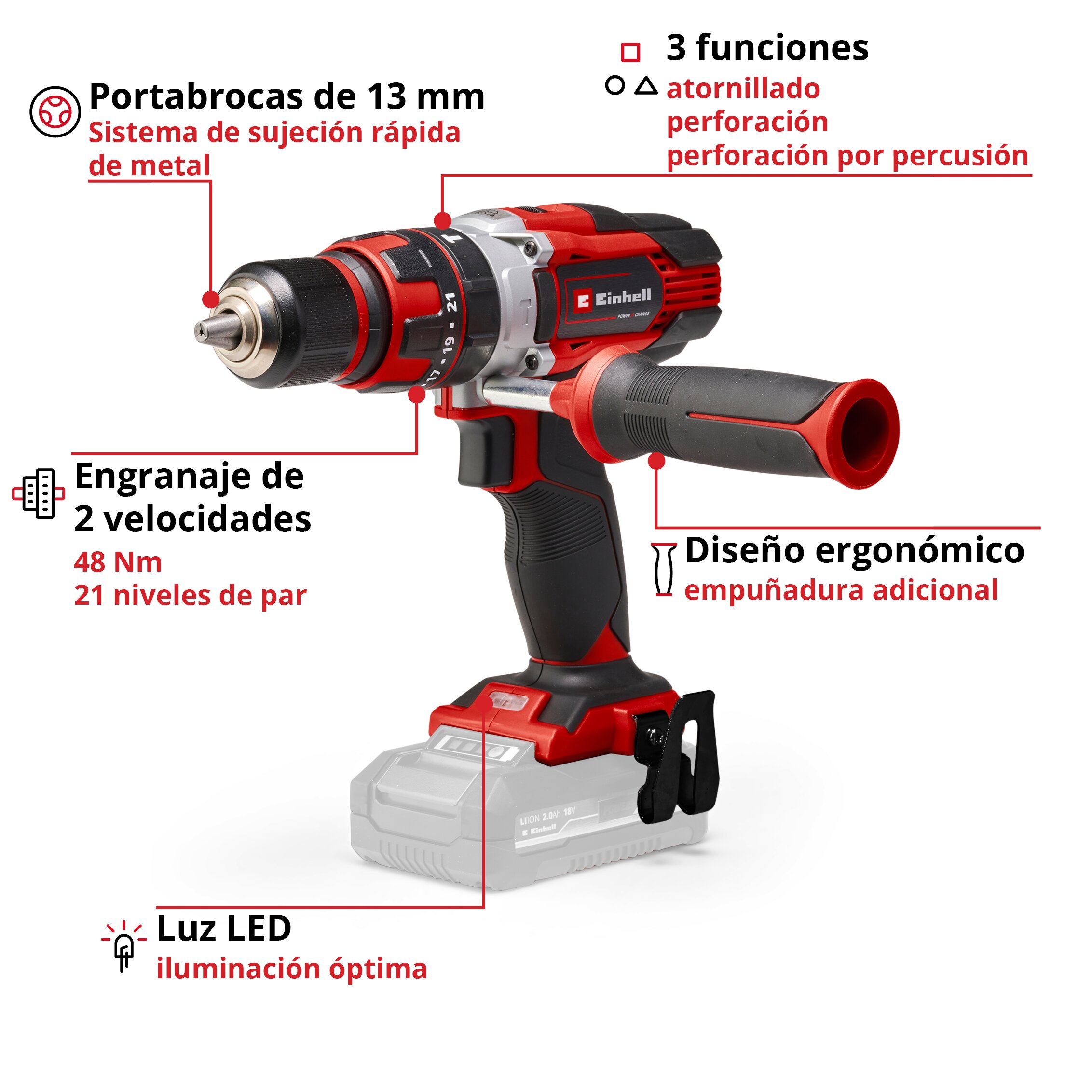 Taladro sin cable percutor Einhell TE-CD 18/48 Li-i Solo sin batería Rojo-2
