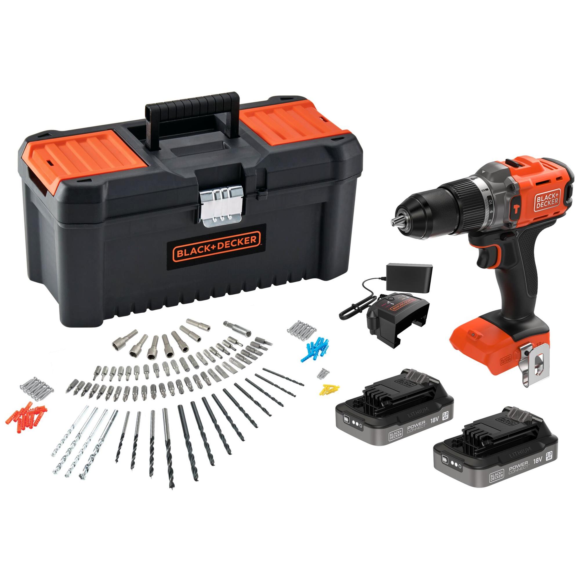 BLACK+DECKER - Taladro Percutor a batería 18V, 120 accesorios, cargador y caja de herramientas.