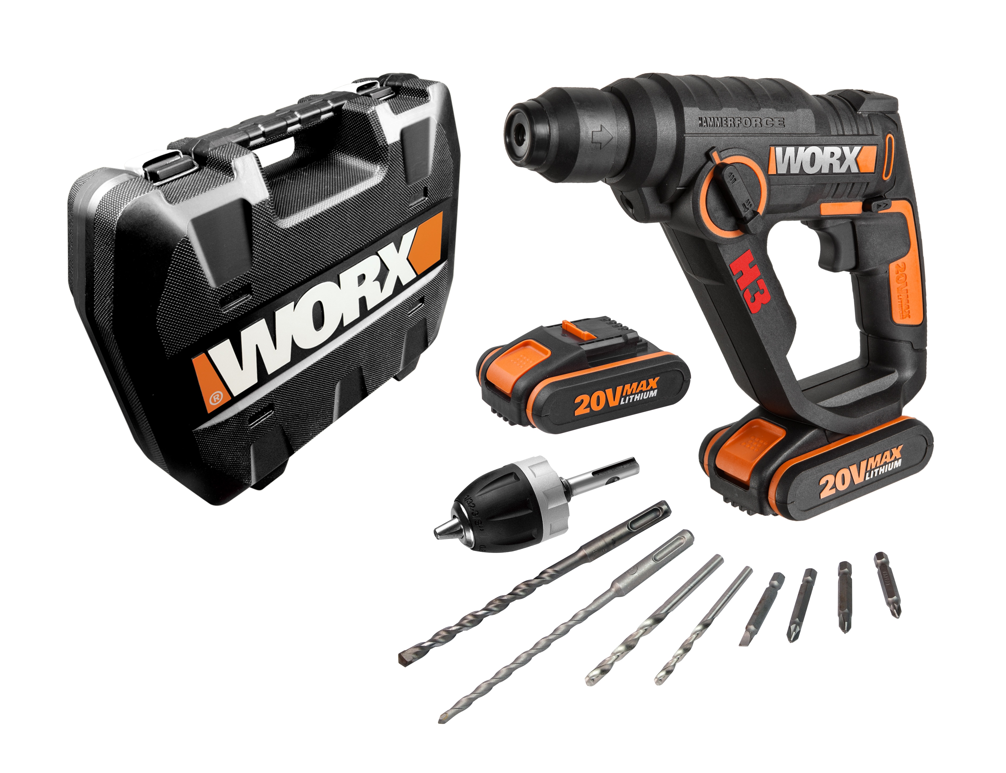Worx – Martillo 3 en 1 a Batería 20 V SDS-Plus H3 WX390.1 PowerShare 2 baterías.