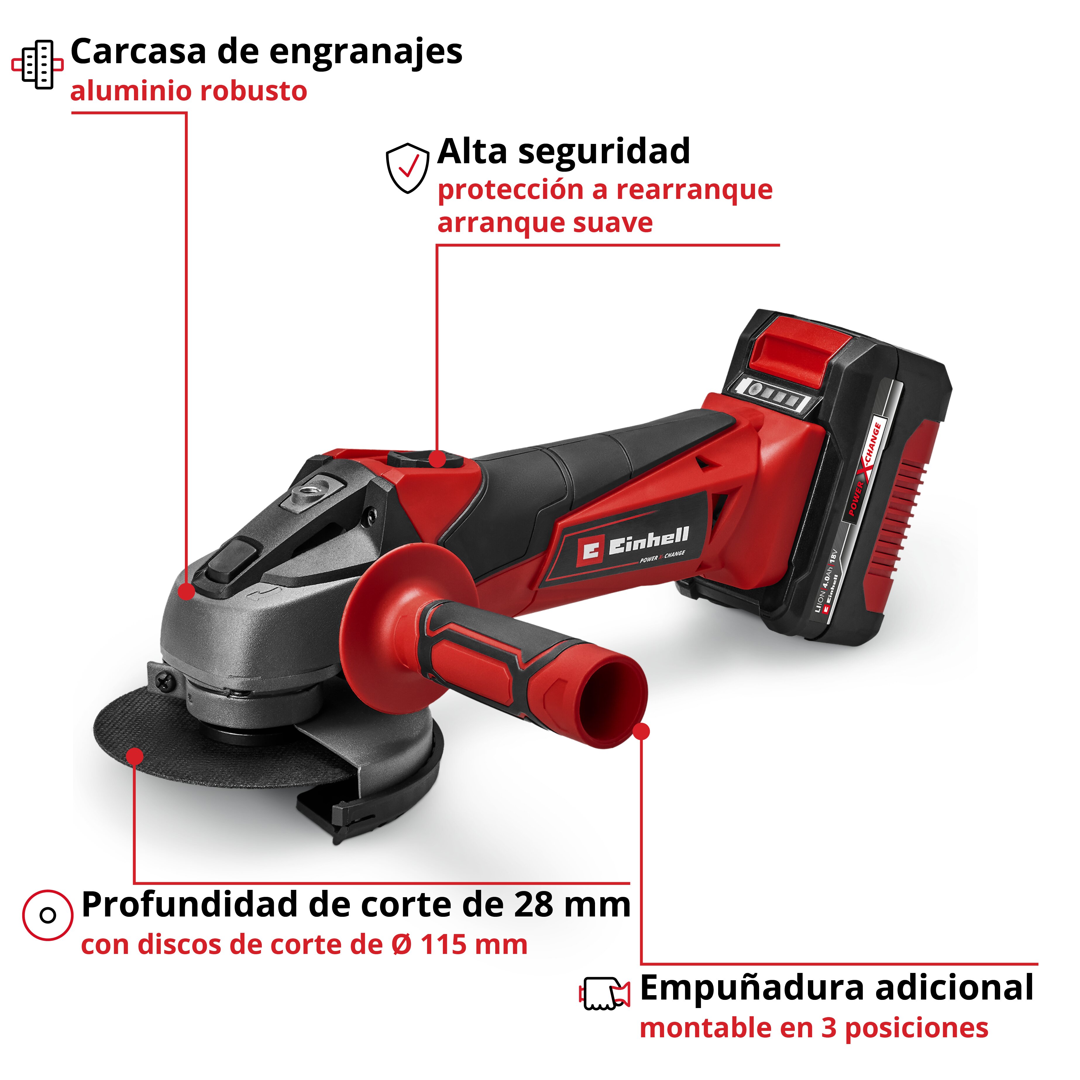Amoladora Einhell TC-AG 18/115 Li (1x4,0Ah) Rojo-2