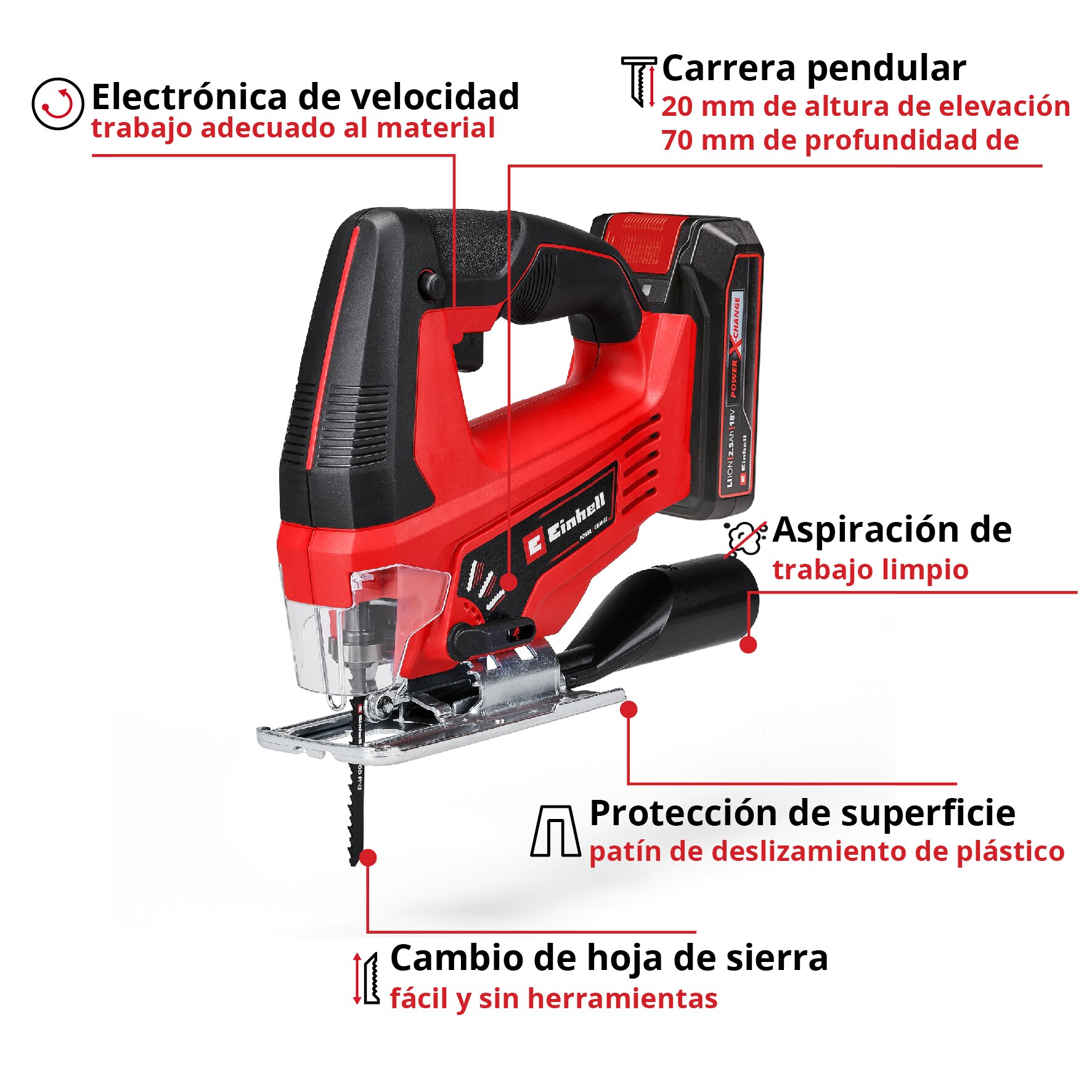 Caladora batería Einhell TC-JS 18/70 Li (1x 2.5 Ah) Rojo-2